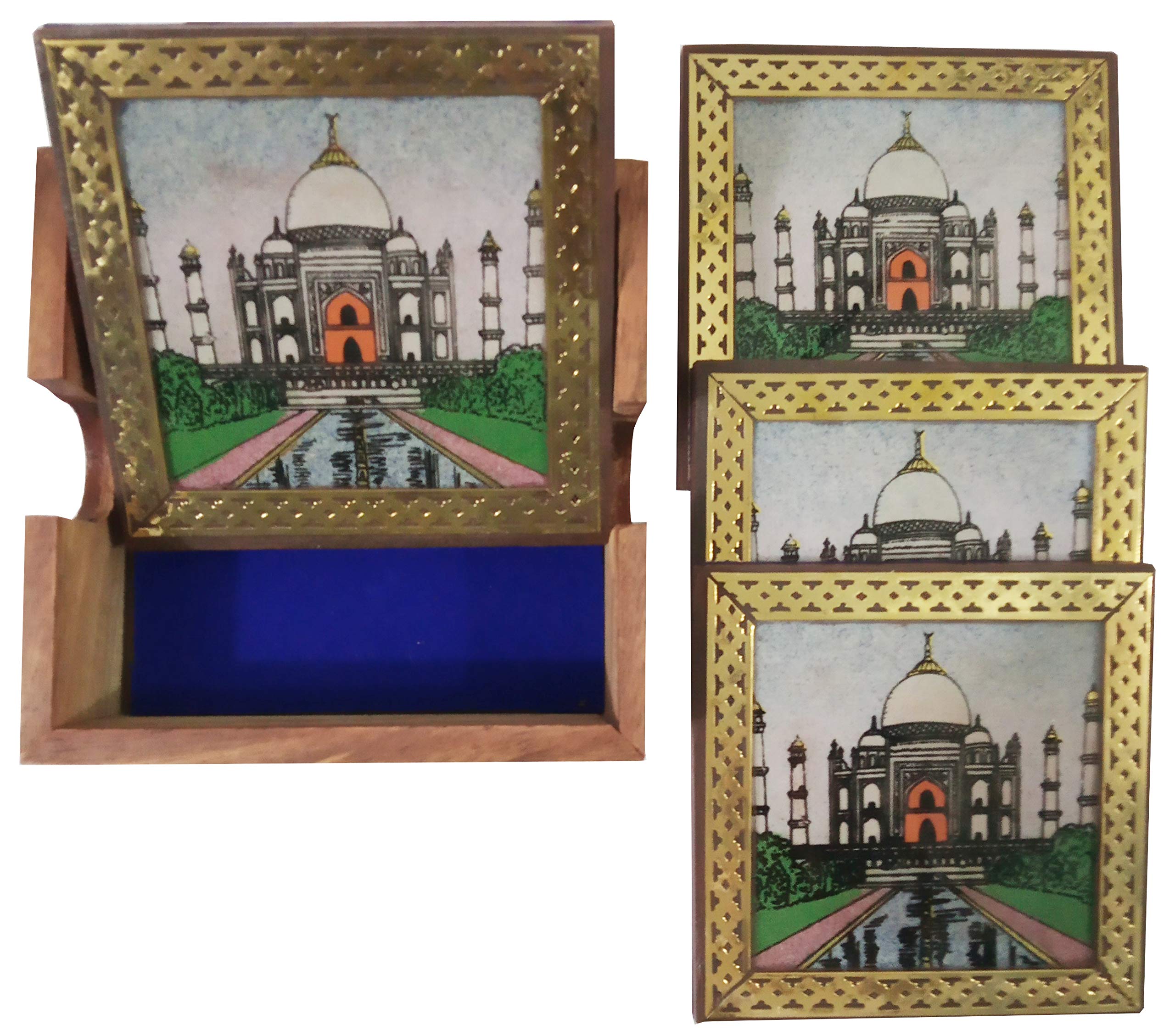 Purpledip Pinewood Gemstone Coasters (Set Of 6): Taj Mahal (10716A)