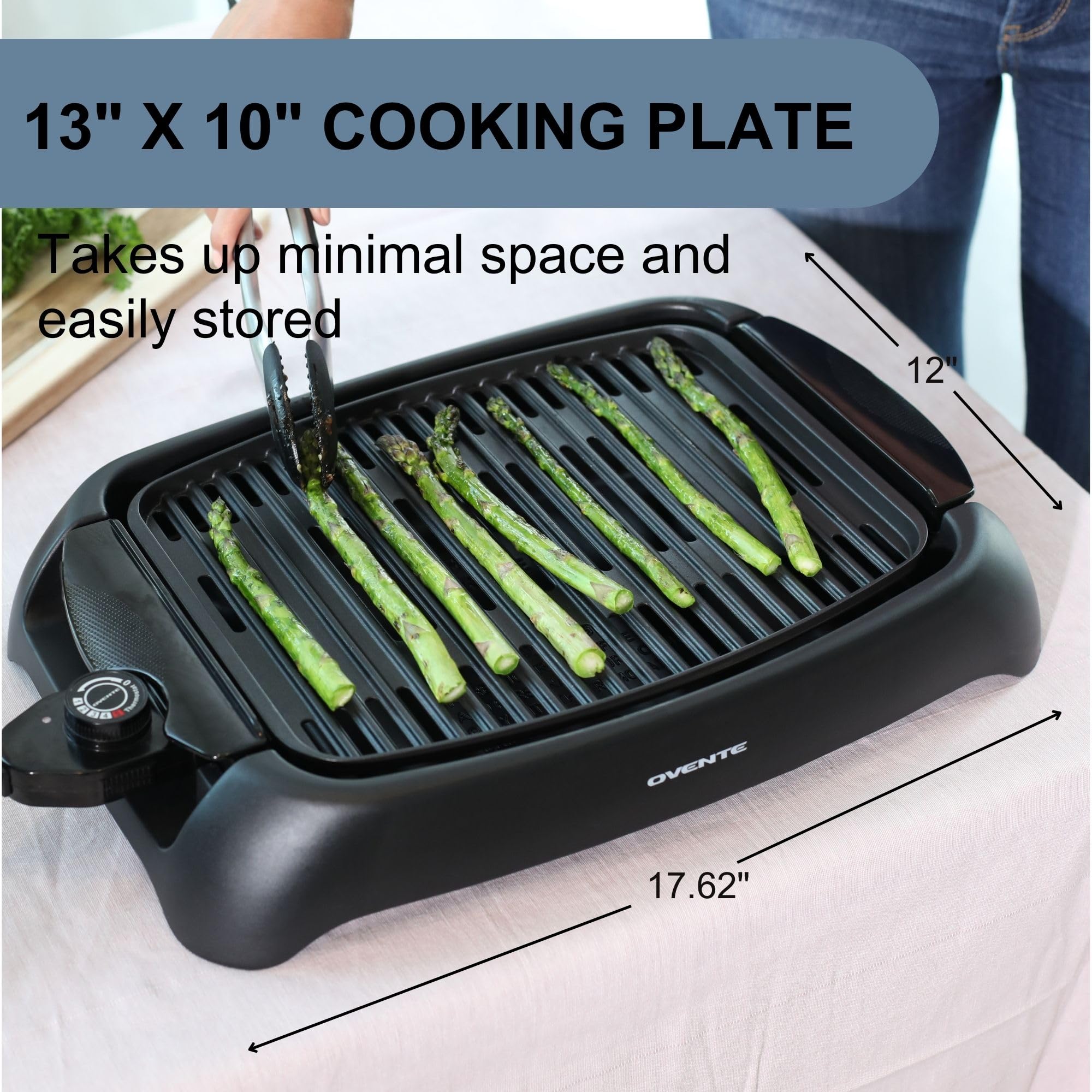 Ovente Electric Indoor Grill With 13X10 Inch Non-Stick Cooking Surface, 1000W Fast Heat Up Power, Adjustable Temperature, Remova