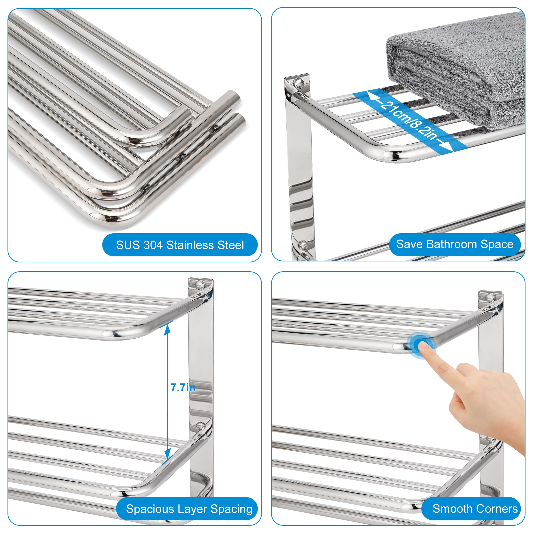 Bathroom Towel Rack with Tower Bars - SUS 304 Stainless Steel Lavatory Bath Towel Shelf Wall Mount Towel Holder Polished Surface Finish  22 Inch  3-Tier