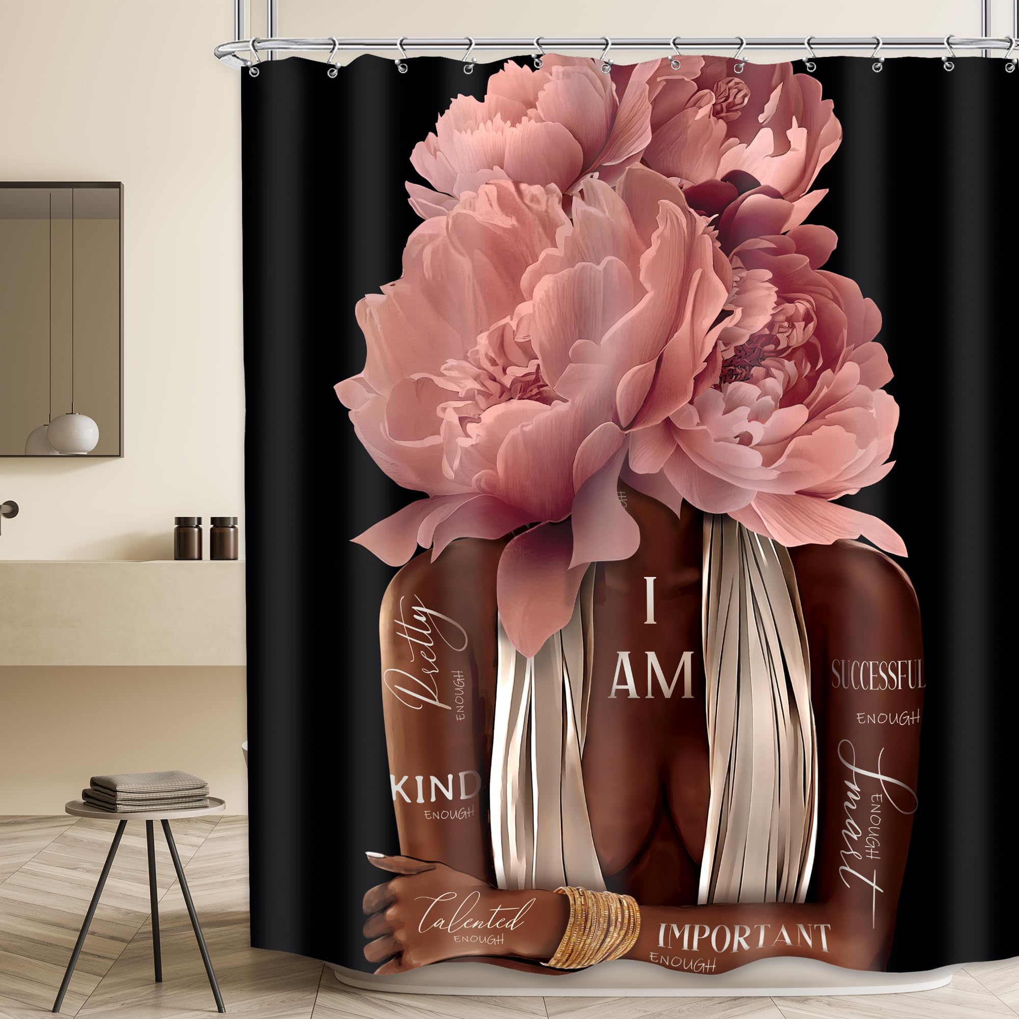 Meshelly Pink Black Girl Shower Curtain 60Wx72H Black Woman Peony Floral Quotes Bathroom Curtain Set African American Bath Curta