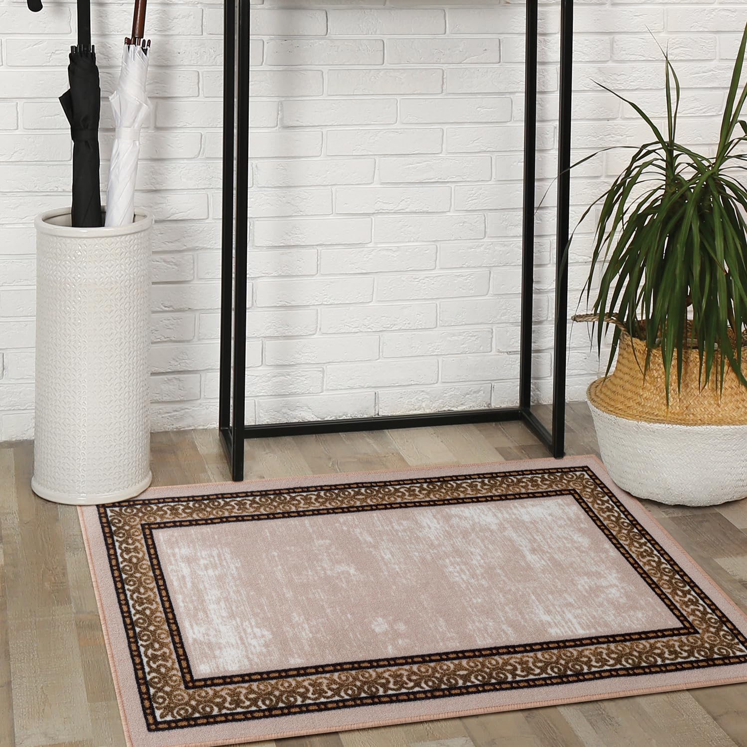 Antep Rugs Alfombras Bordered Modern 2x4 Non-Slip (Non-Skid) Low Pile Rubber Backing Kitchen Area Rug (Beige, 23 x 4)