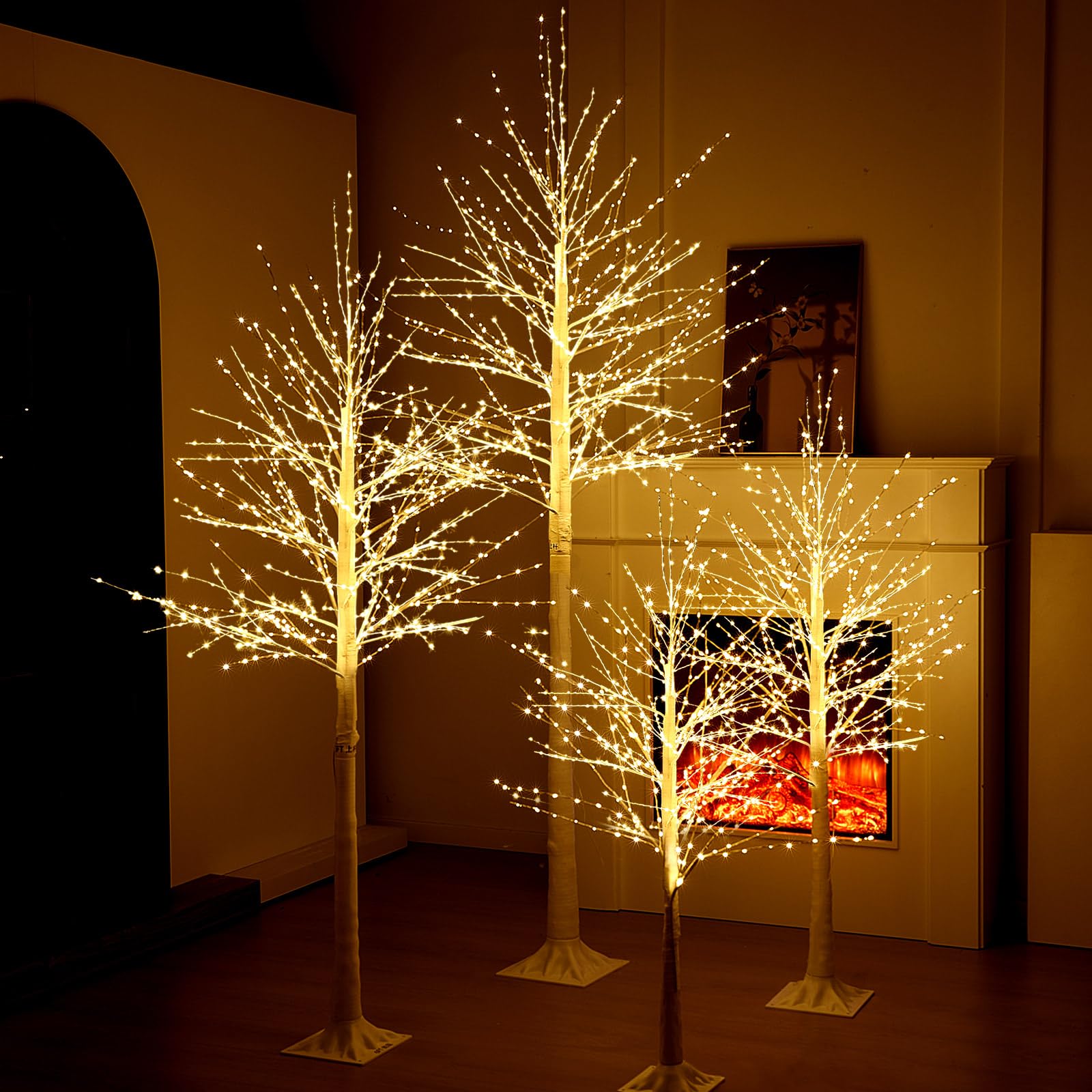 Baquler 4 Pack Lighted Birch Tree - 4 5 6 8 Large Christmas Warm-White LED 8 Mode Light Birch Tree Decoration Set for Thanks