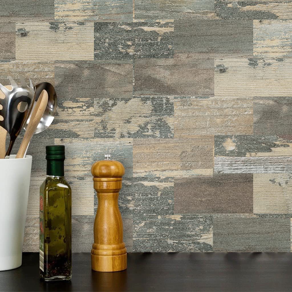 DEWOO 20-Sheet DEWOO Peel and Stick Self Adhesive Wall Tiles Kitchen Backsplash Distressed Wood Look,Vintage Old Fashion (13.5 x