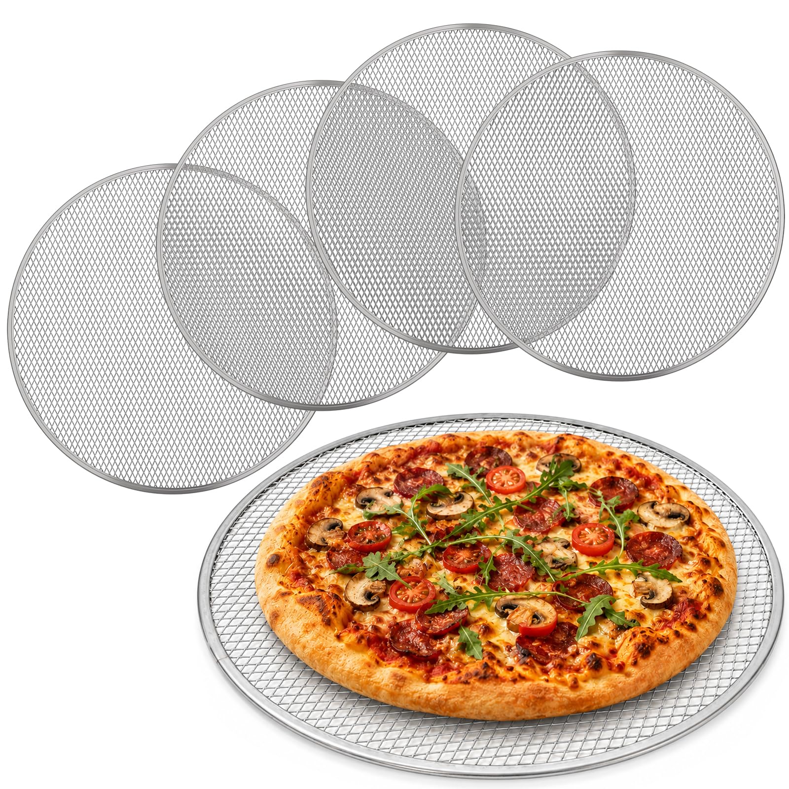 Skdqiee 5 PCS 14 in Pizza Pan with Holes, Aluminum Mesh Screen, Seamless Round Baking Tray for Oven, Pizza Crisper Sheet for Kit