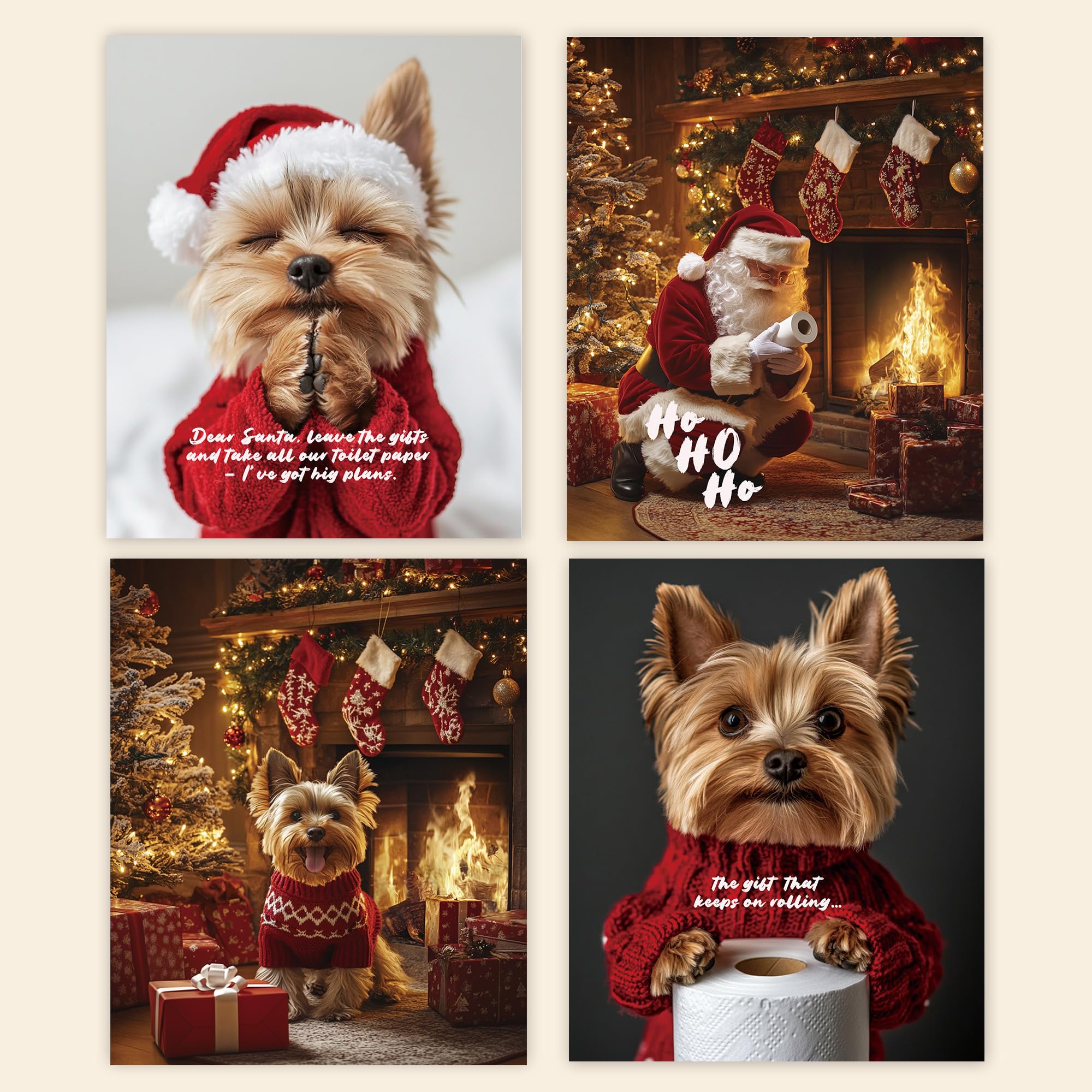 Poecinvi Funny Christmas Yorkshire Terrier Bathroom Wall Art Prints Set Of 4, Christmas Yorkie Dog You Will Never Pee Alone Post