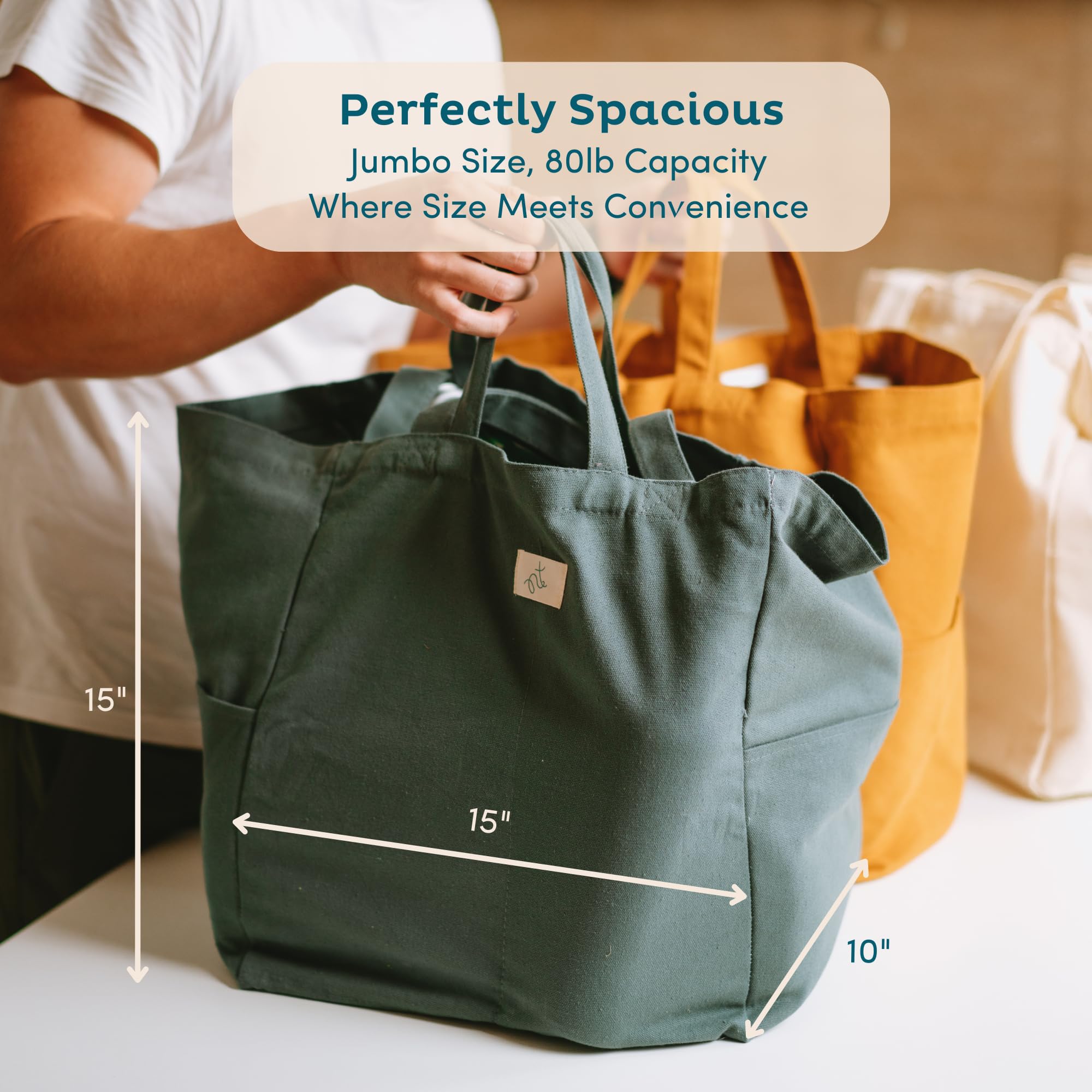 Nook Theory Reusable Grocery Bags - 100% Cotton 12Oz Canvas Grocery Bags With Handles, Large Reusable Shopping Kitchen, Heavy Du