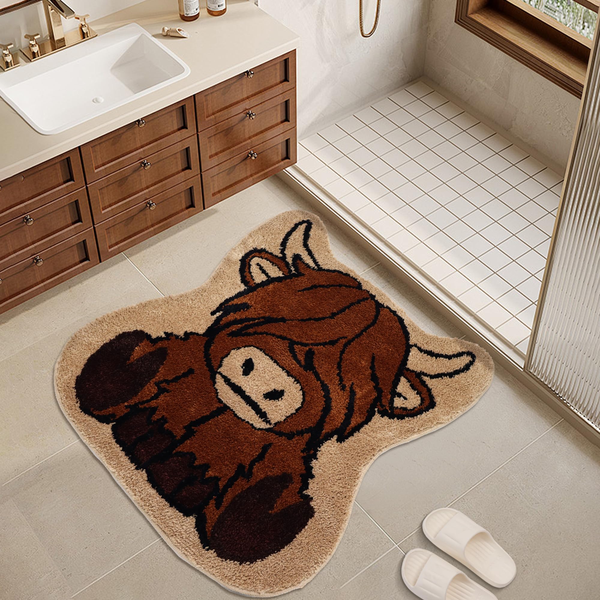 Oturgor Highland Cow Bath Mat 32''X32'' Cute Cow Bathroom Rug Western Cow Print Rug For Bathroom Decor Non Slip Floor Mat For Ki