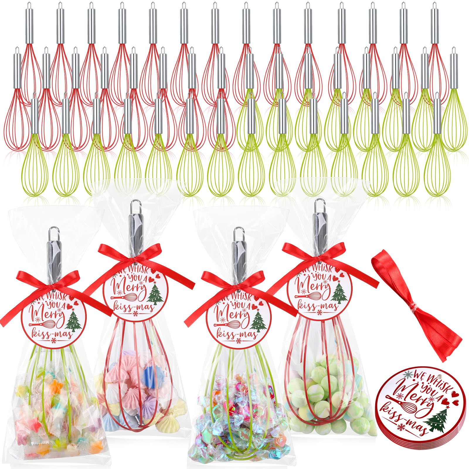 FoldTier 48 Sets 12 Inch Christmas Whisks Gifts DIY Fillable Christmas Tree Ornaments Xmas Colored Silicone Whisks for Cooking H