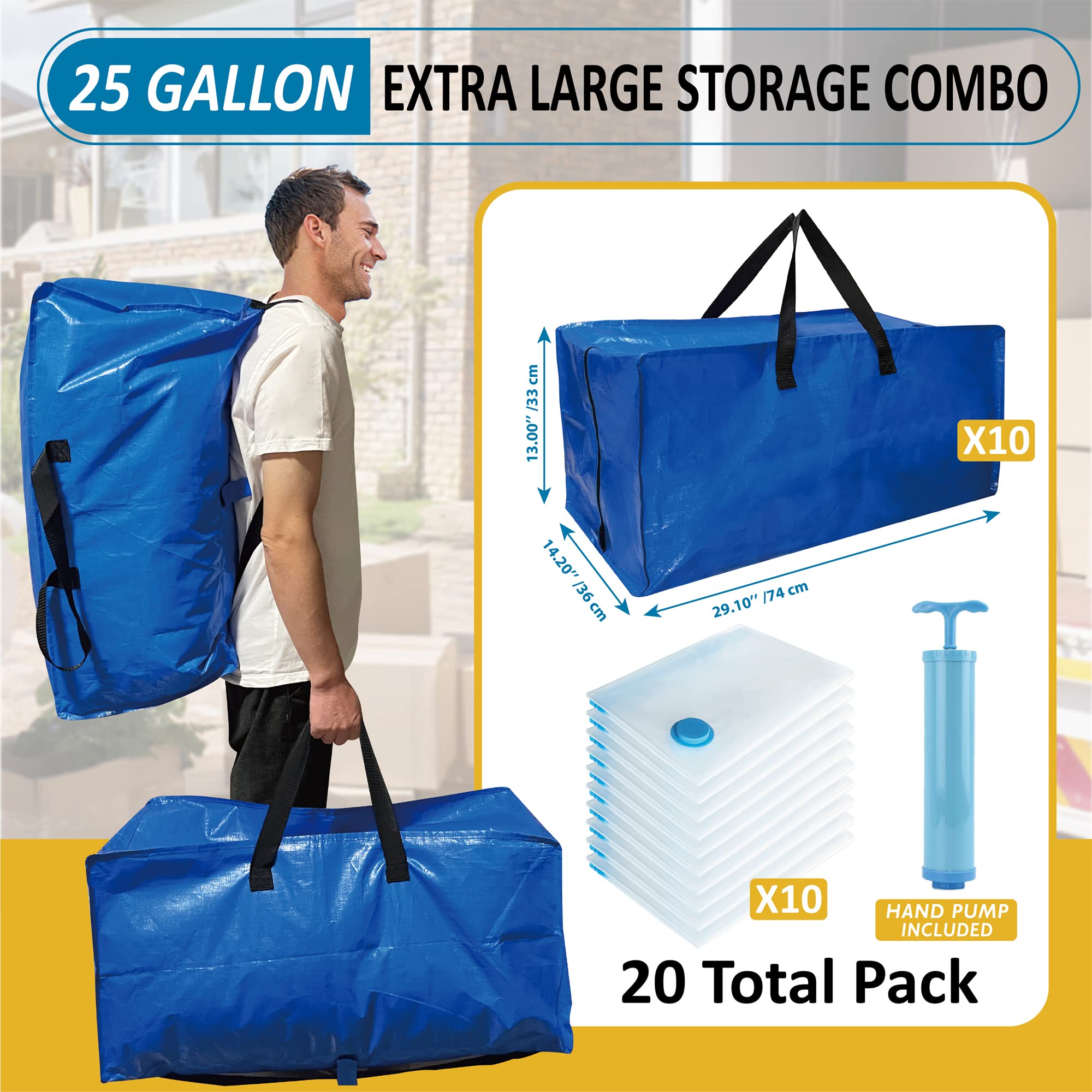 20 Pack Heavy Duty Extra Large Moving Bags with Backpack Straps & Large Vacuum Storage Bags Moving Supply Combo  Moving Totes with Handles & Zippers for Space Saving  Fold Flat  Includes Vacuum Bags