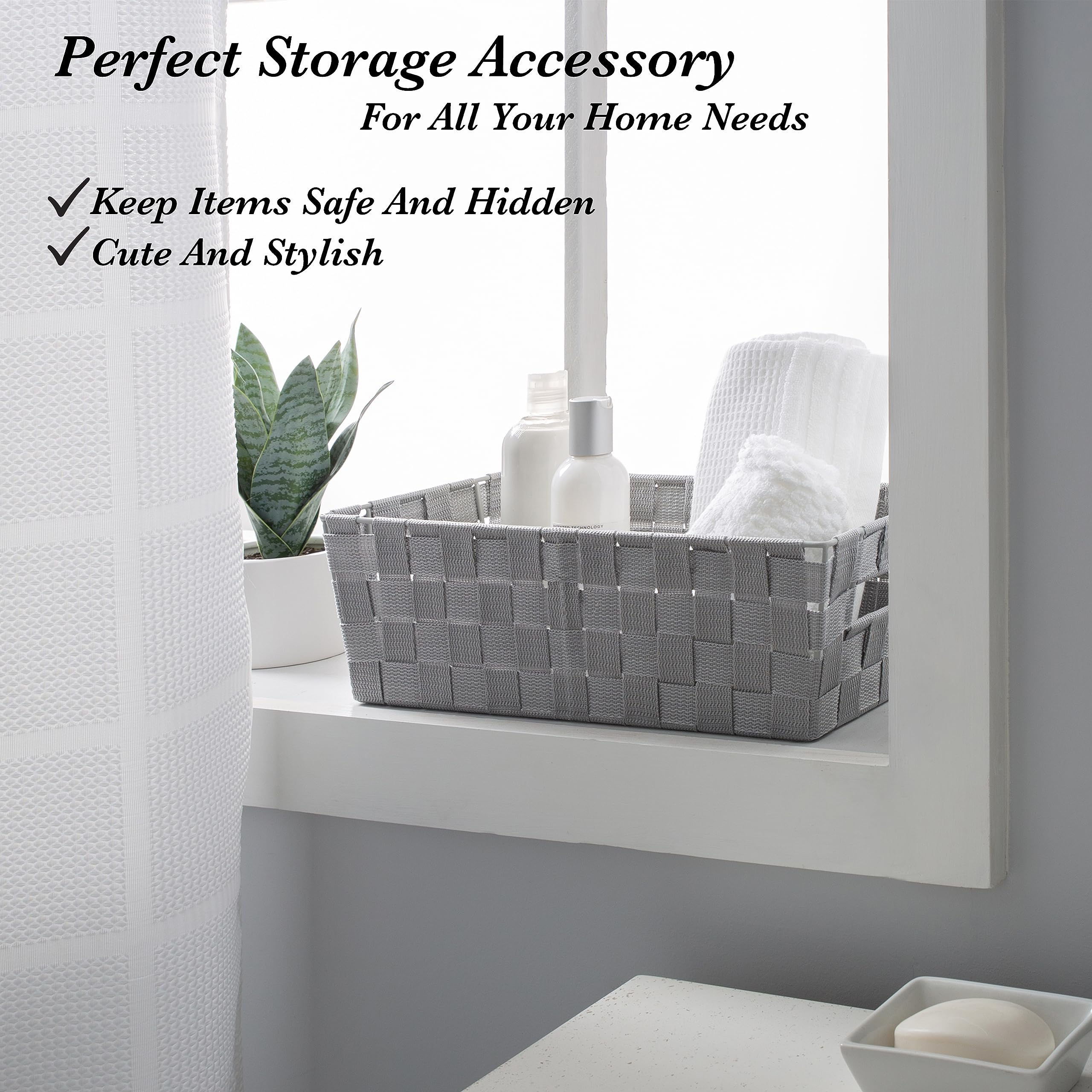 Simplify Extra Long Shelf Woven Strap Tote  Decorative Storage Basket  Built in Handles  Organization  Closet  Bedroom  Bathroom  Nursery  Accessories  Toys  Gifts  1 Pack  Heather Grey