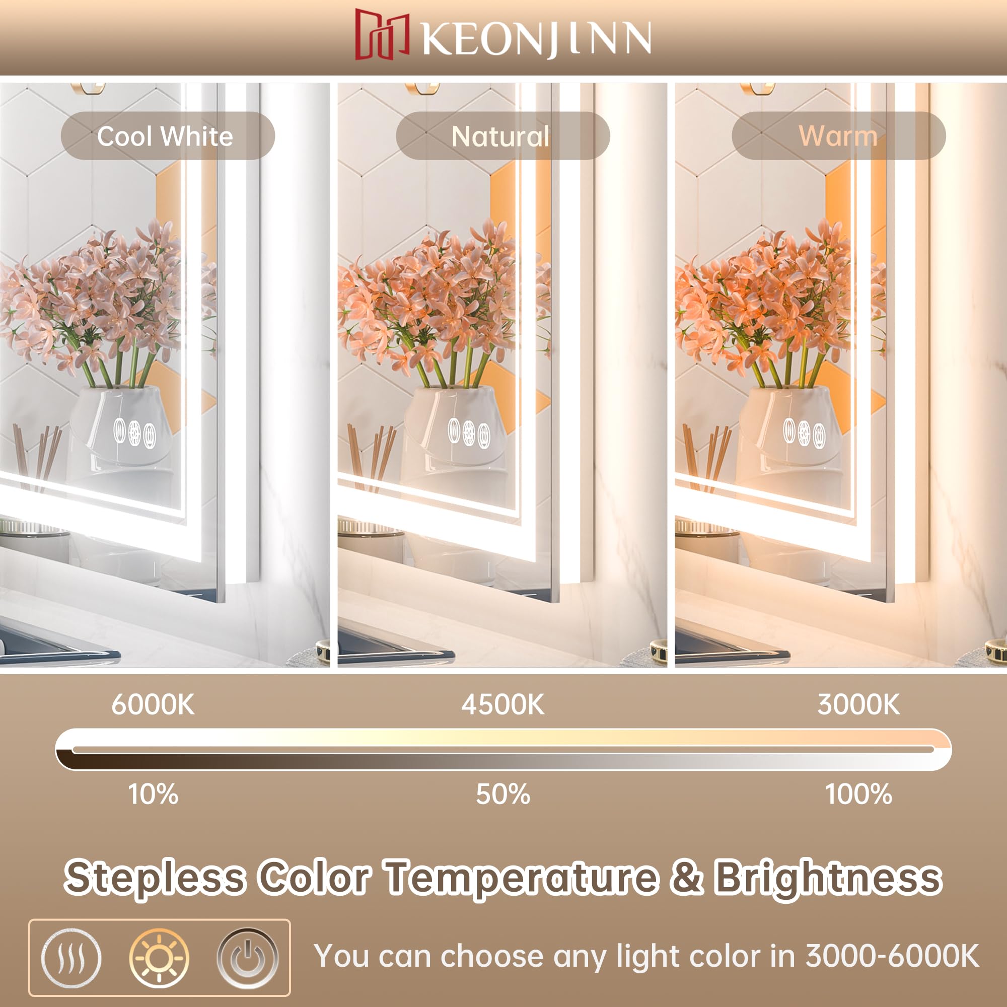 Keonjinn Bathroom Led Mirror 42 X 36 Inch Frontlit And Backlit, Stepless 3 Colors Temperature & Dimmable Tempered Glass Mirror,