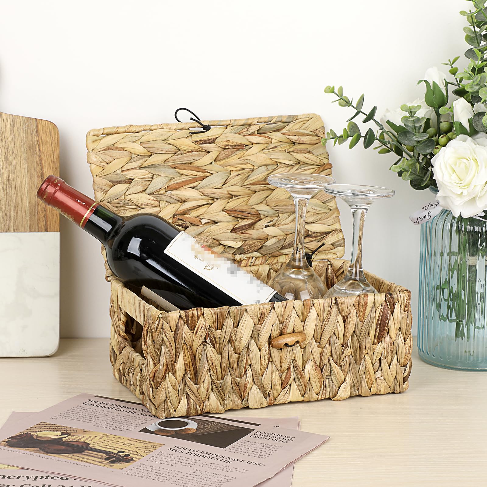 Hipiwe Wicker Shelf Baskets Bin For Organizing Water Hyacinth Storage Basket With Lid Decorative Box Built With Handles, Small N