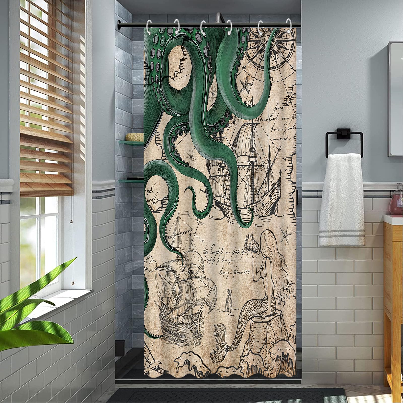 Fungarth Stall Vintage Green Nautical Octopus Shower Curtain Mermaid Funny Ocean Kraken Shower Curtains For Bathroom Cool Anchor