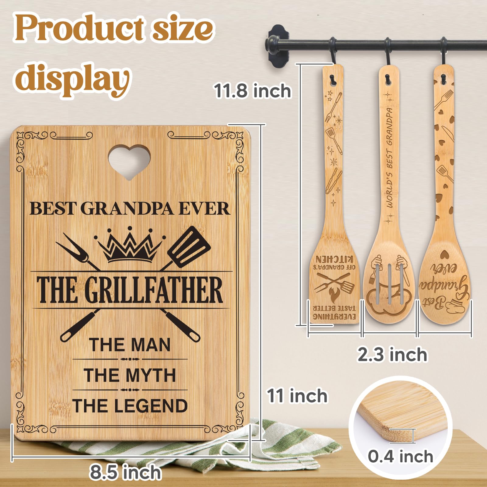 Gifts for Grandpa -  The Grill Father  Grandpa Gifts Cutting Board Set, Bamboo-Made Engraved Utensil Set Grandpa Birthday Gifts