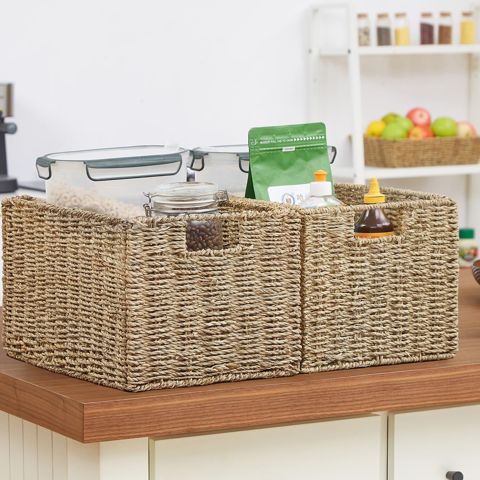 Vagusicc Jumbo Wicker Basket, Set Of 2 Woven Seagrass Storage Baskets For Organizing, Foldable Rectangular Storage Organizer Bas