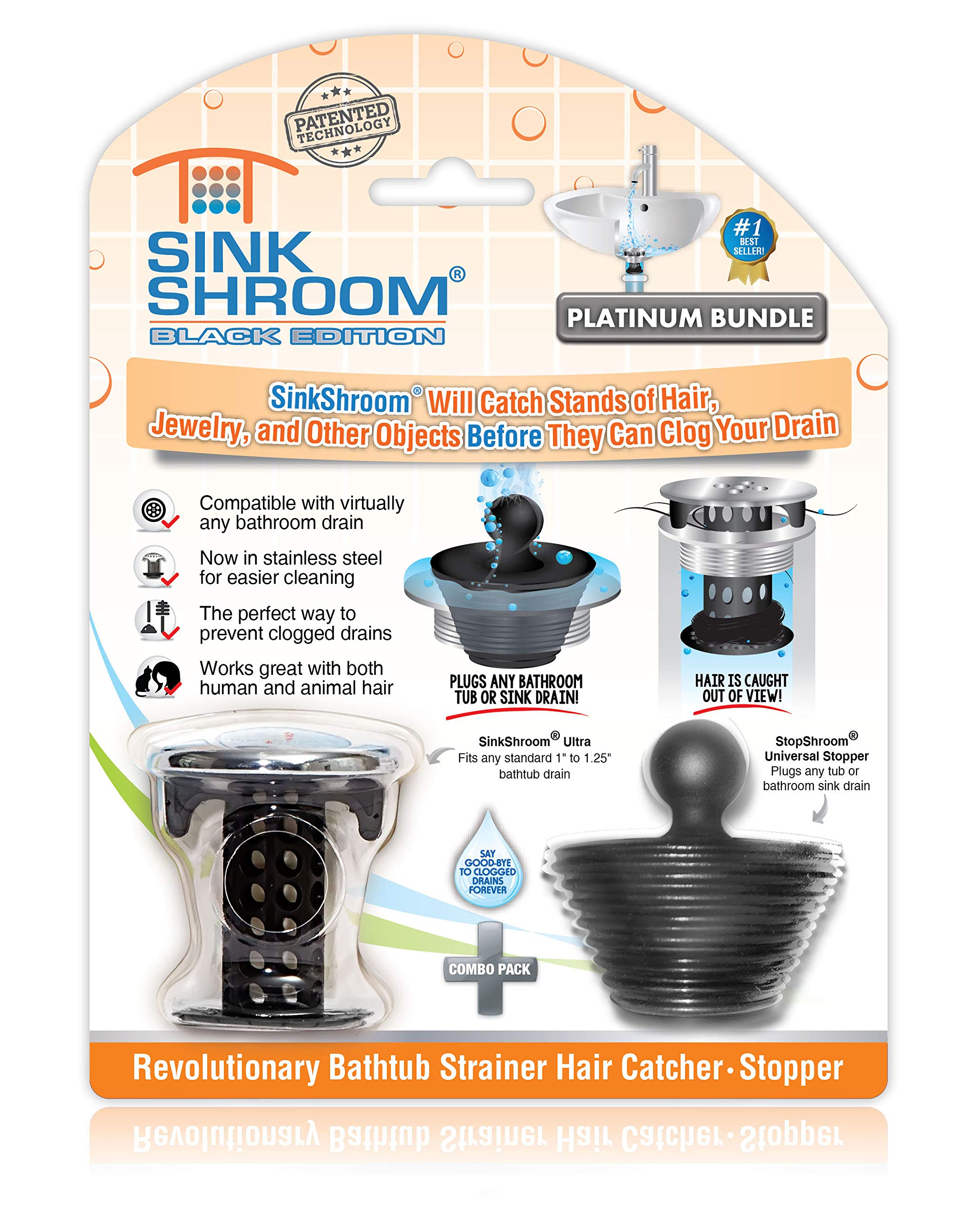 Sinkshroom Combo Edition Revolutionary Bathroom Sink Drain Protector Hair Catcher, Strainer, Snare, Plus Stopshroom Stopper