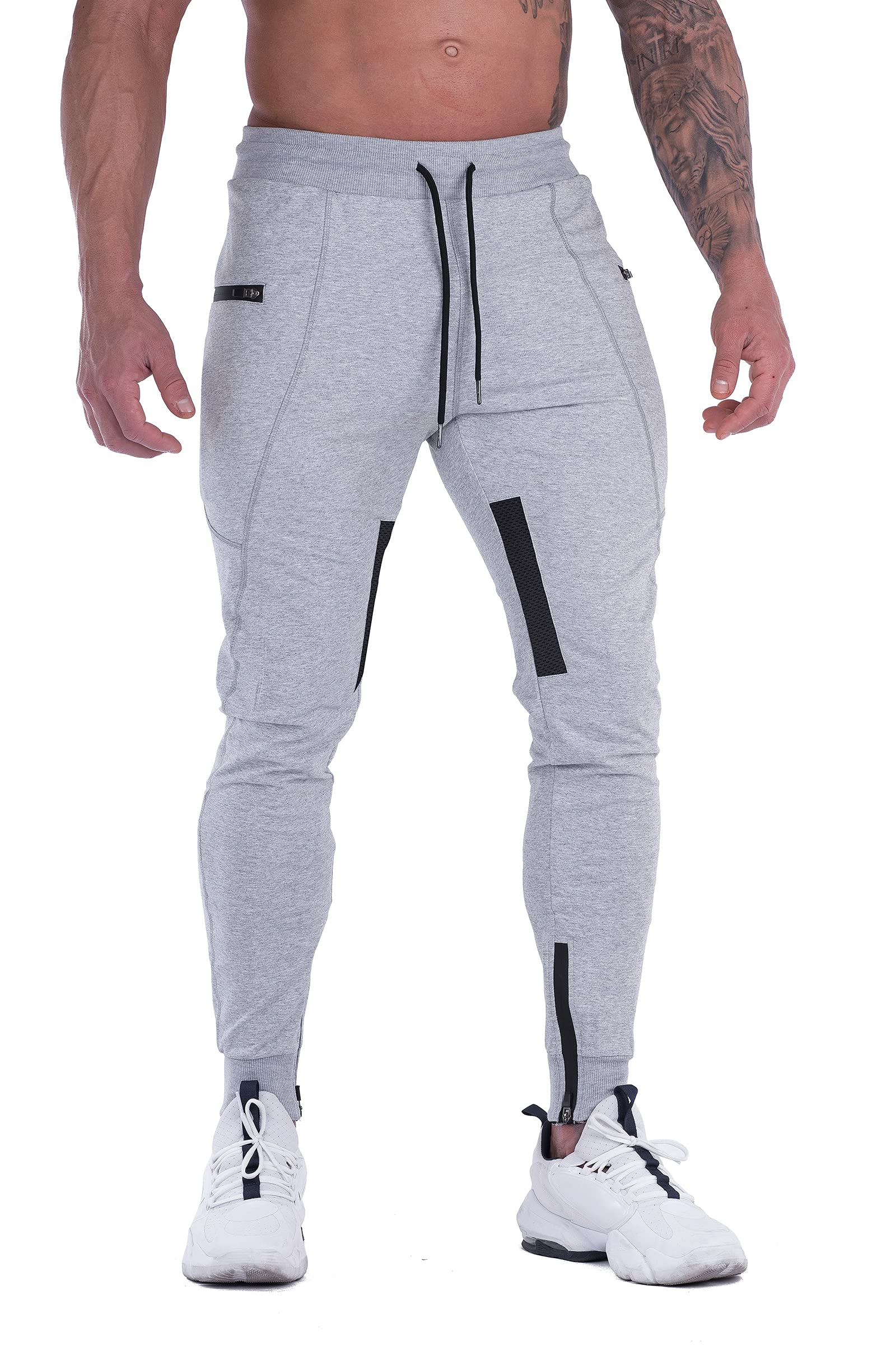 Firstgym Mens Joggers Sweatpants Slim Fit Workout Training Thigh Mesh Gym Jogger Pants With Zipper Pockets Light Grey