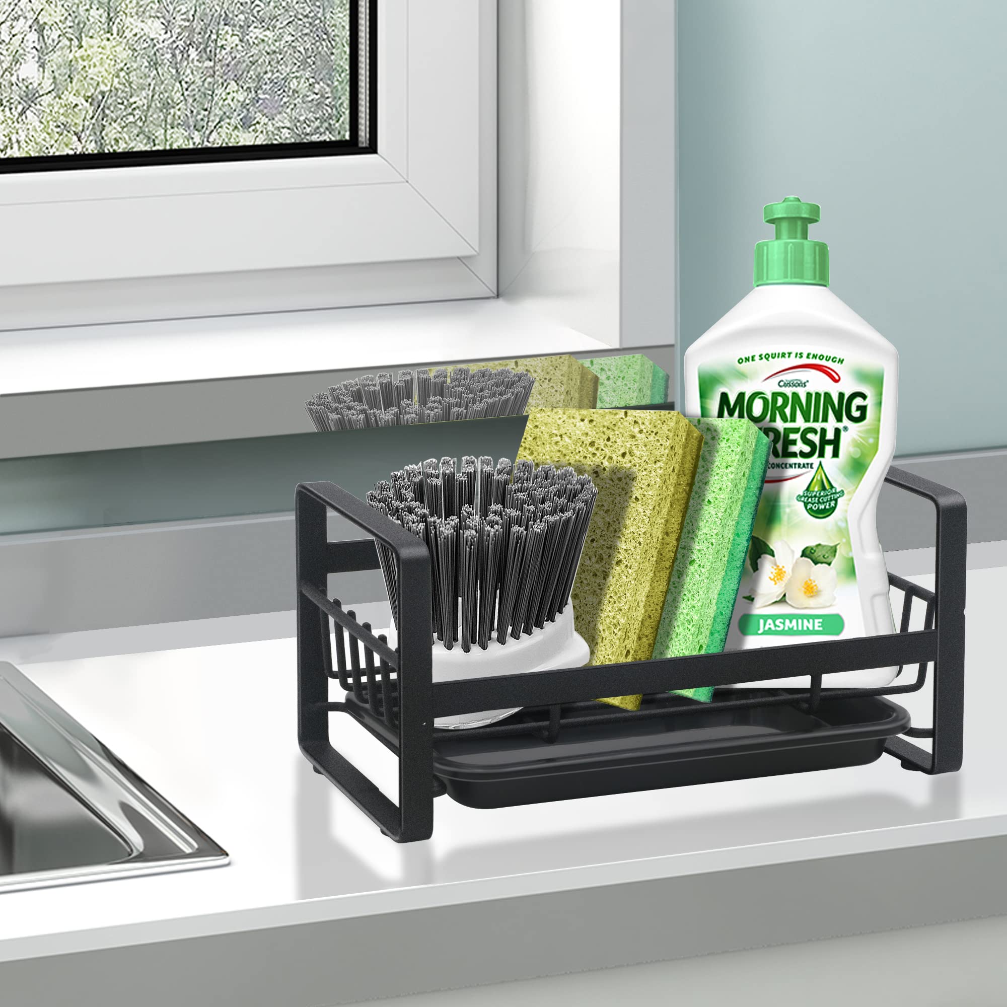 Kitchen Sponge Holder For Sink, Kitchen Sink Caddy Organizer, Sink Tray Drainer Rack, Dish Rags Brush Soap Storage Countertop Wi