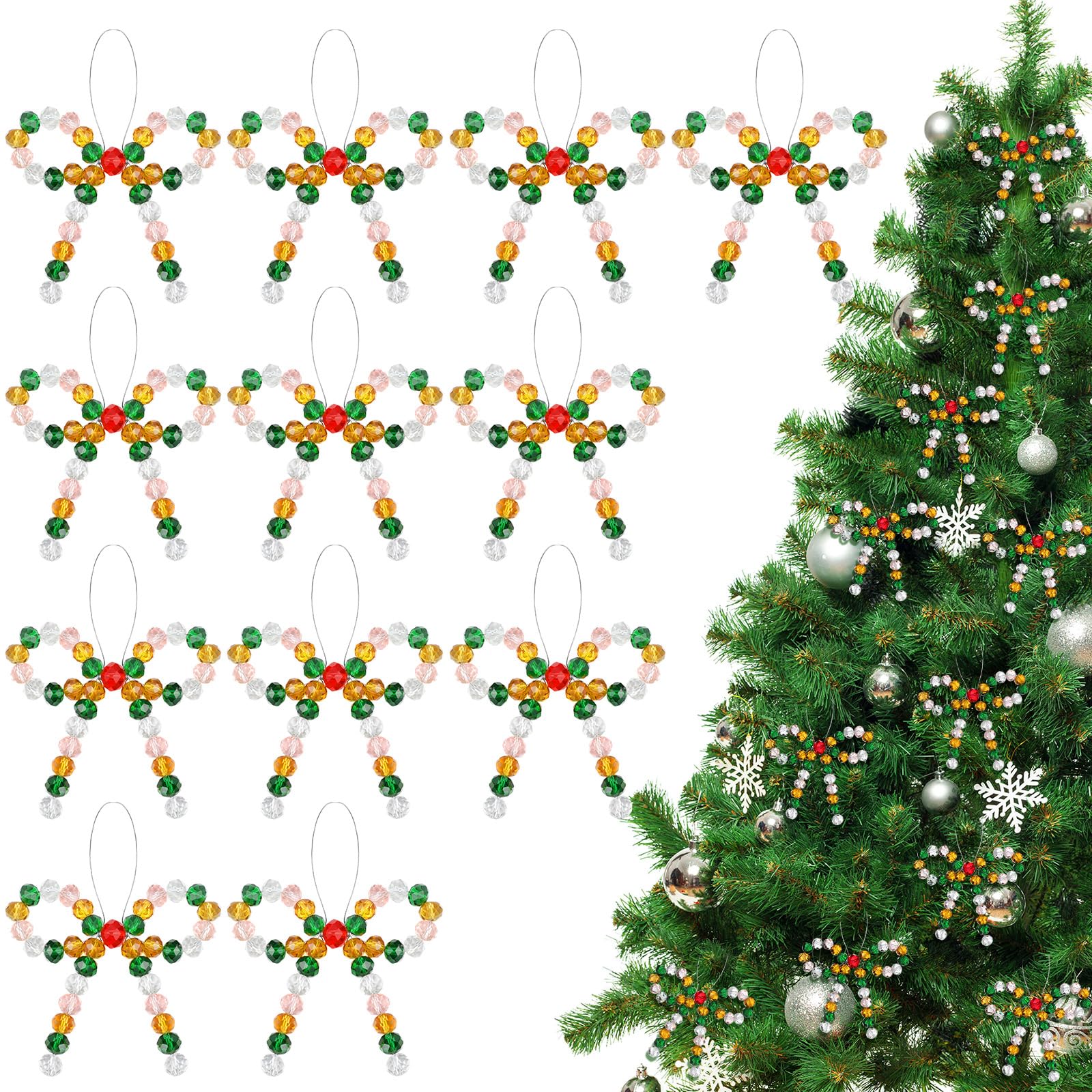 VioraWhite 12 Pcs Crystal Beads Bow Christmas Tree Ornaments - Christmas Tree Bead Bow Hanging Ornaments for Xmas Party Crafts, 