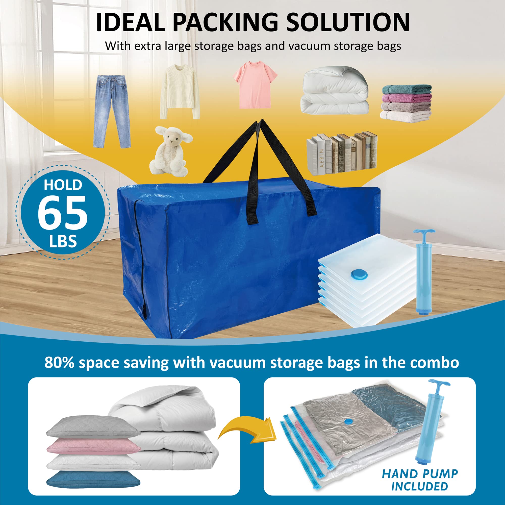 12 Pack Heavy Duty Extra Large Moving Bags with Backpack Straps & Large Vacuum Storage Bags Moving Supply Combo  Moving Totes with Handles & Zippers for Space Saving  Fold Flat  Includes Vacuum Bags