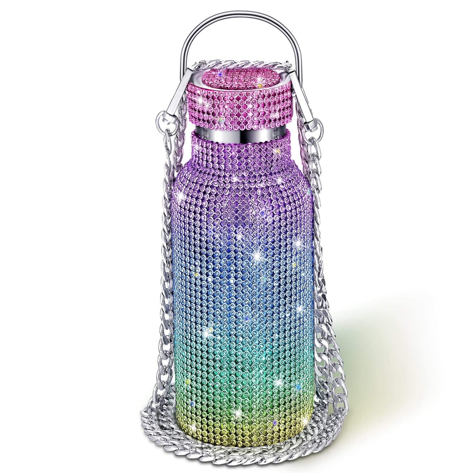 Diamond Insulated Water Bottle Bling Rhinestone Stainless Steel Refillable Glitter Thermal Bottle With Chain For Women Girls Gif