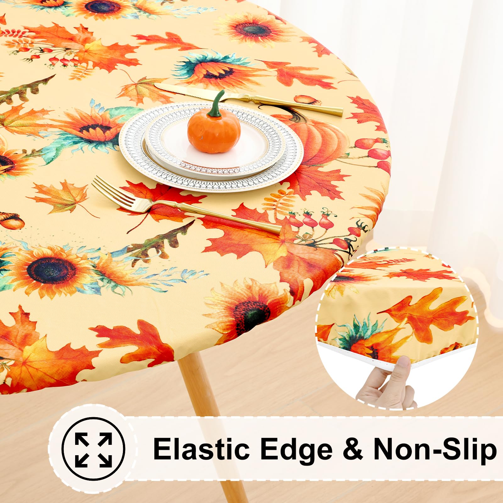 misaya Round Fitted Tablecloth with Elastic Edge, 100% Waterproof Oil Proof Plastic Table Cover, Vinyl Flannel Backed Tablecloth