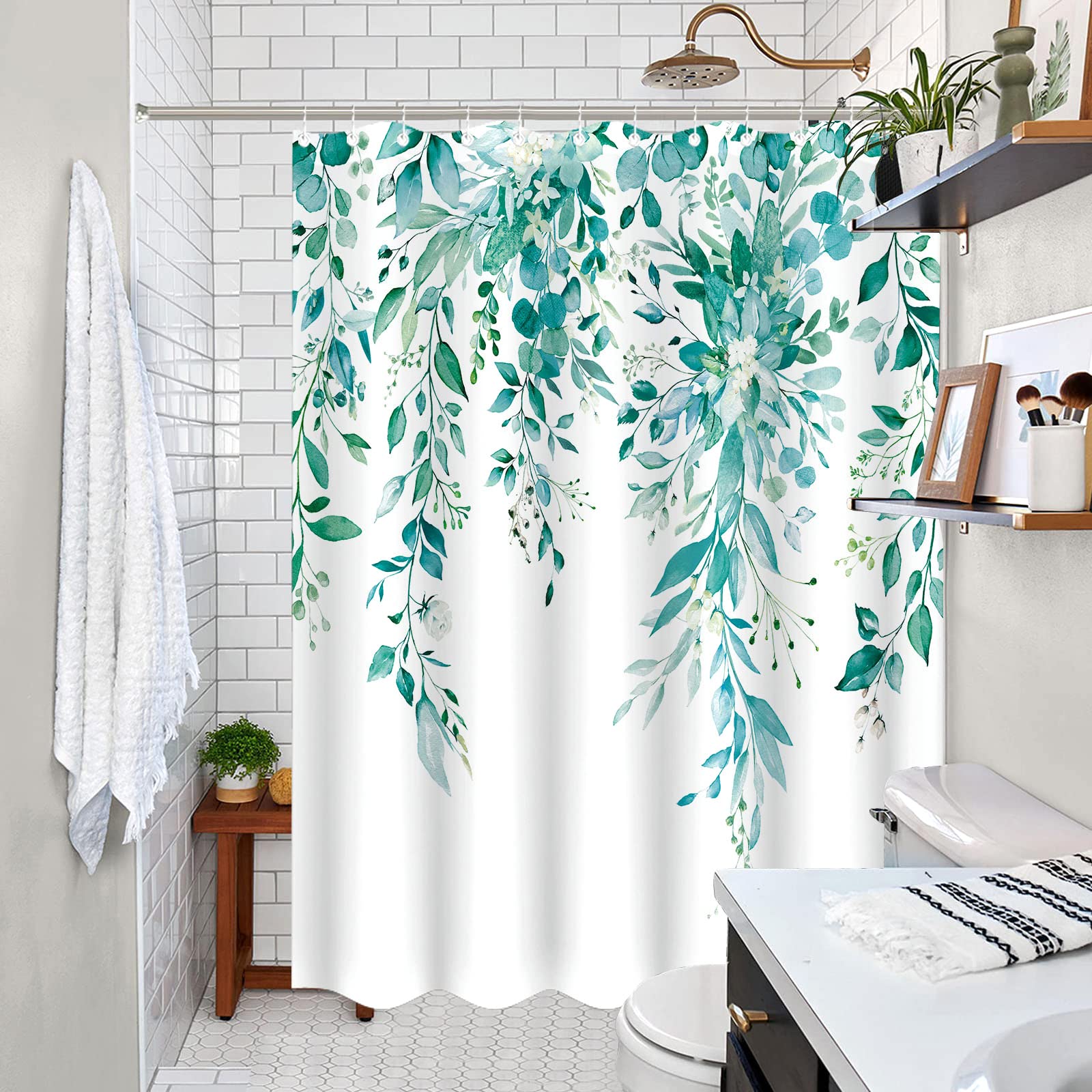 Zussun Teal Eucalyptus Shower Curtain Watercolor Floral Plant Leaf Shower Curtains for Bathroom Botanical Flower Waterproof Fabric Bath Curtain Decor with Hooks (Teal  72'' x 72'')