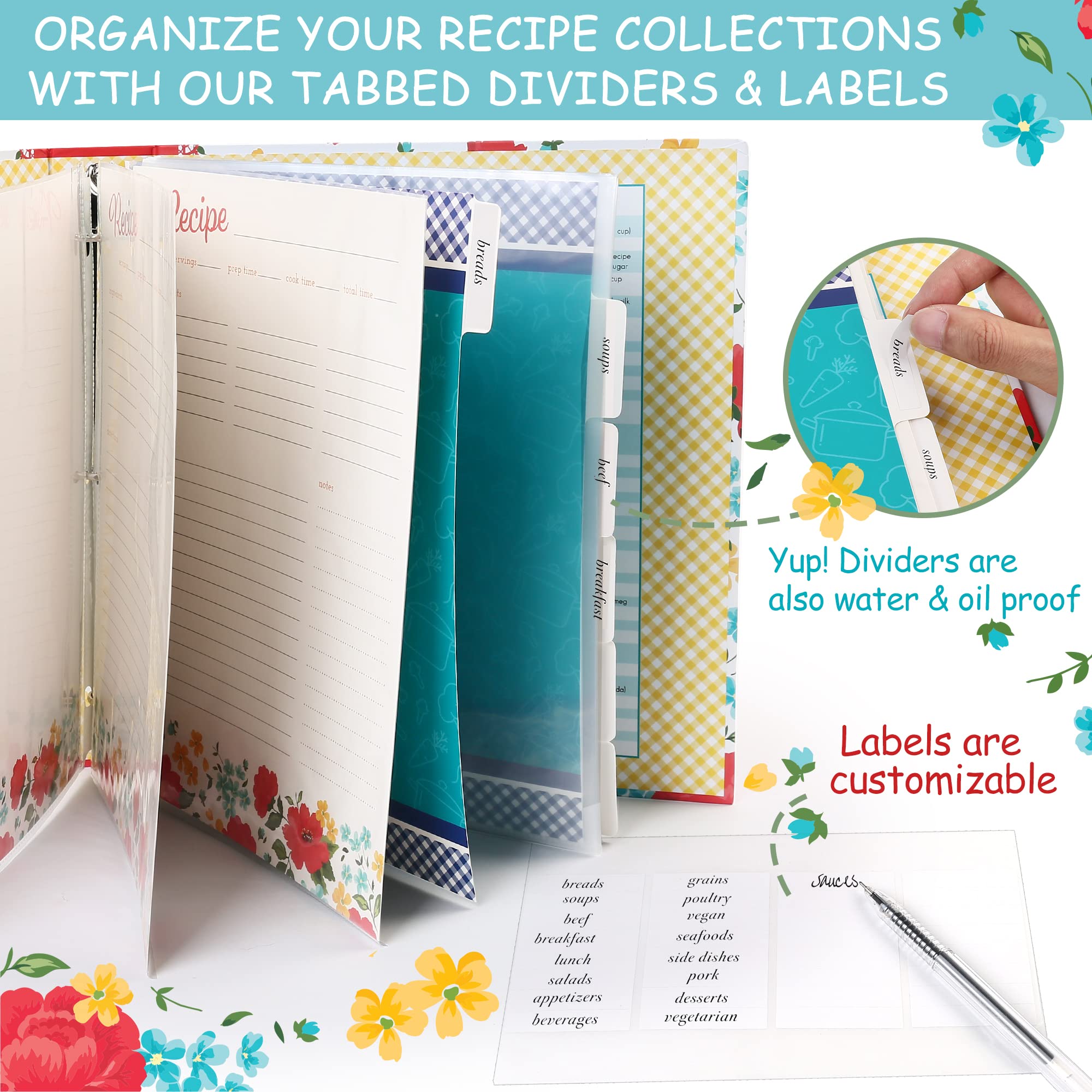 Lotfancy Recipe Binder 8.5X11, Full Page, 3 Ring, With 40 Recipe Cards, 60 Plastic Page Protectors, 6 Tabbed Dividers, 32 Labels