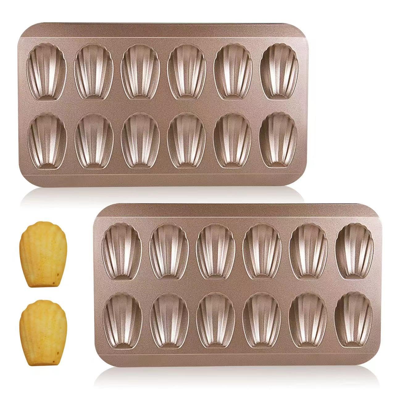 2 Pack Madeleine Pans For Baking, 12 Cavity Heavy Duty Shell Shape Baking Mold Nonstick Cookie Cake Pan For Oven(Gold)