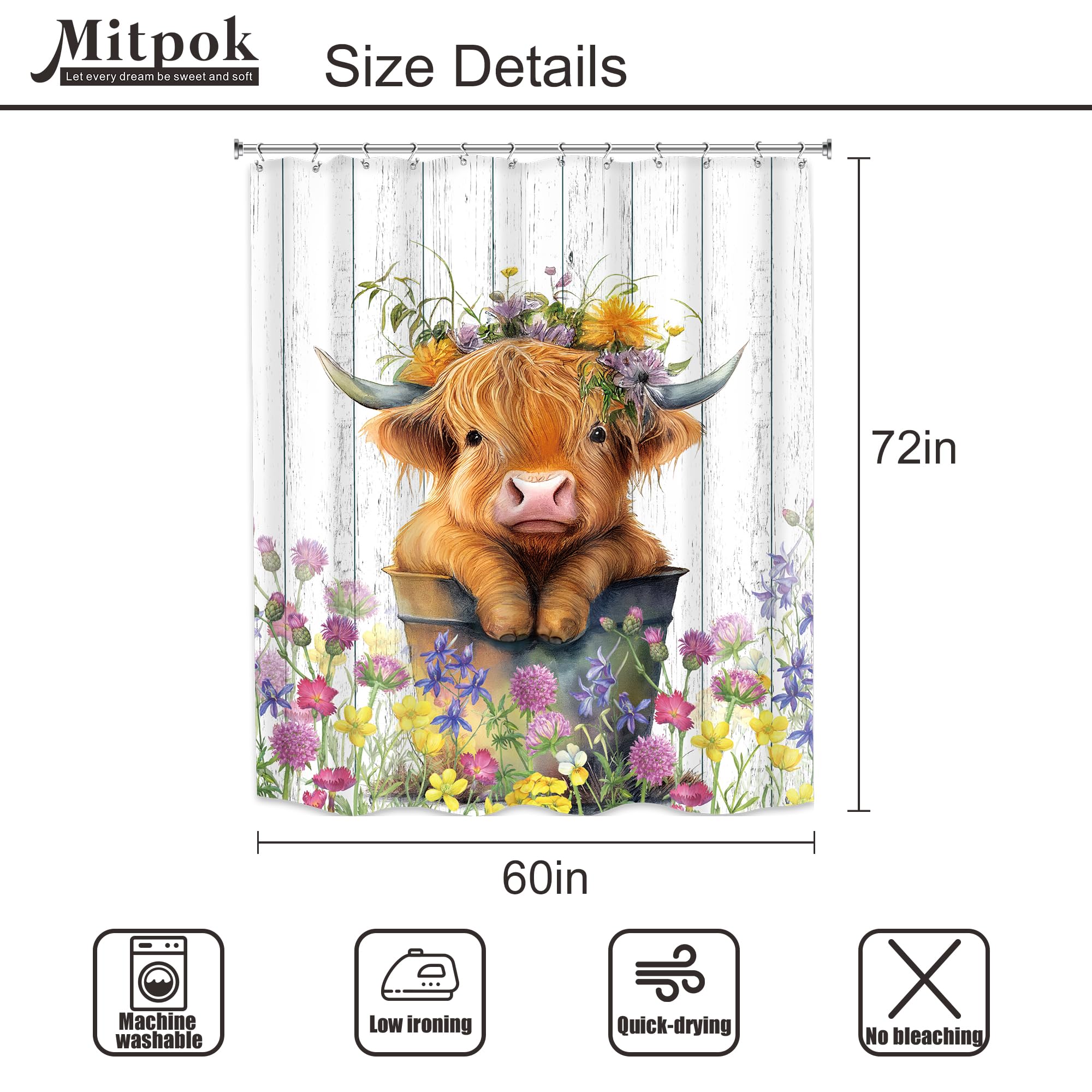 Mitpok Farmhouse Highland Cow Shower Curtain 60Wx72H Western Spring Rustic Funny Calf Country Bull Animal Wood Floral Flower Pla