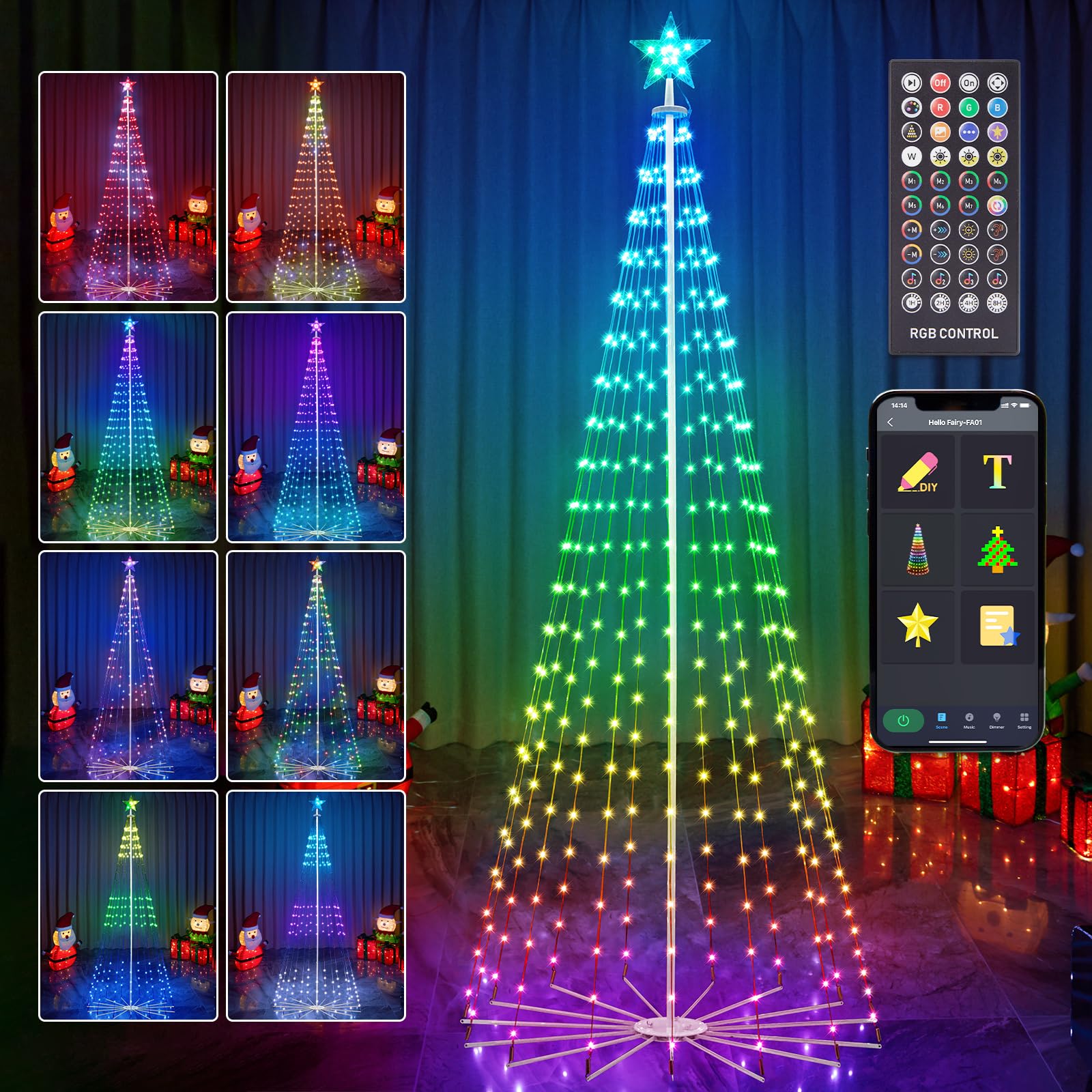 HOLILLUMA 8FT Outdoor Christmas Tree, RGB Color Changing Pre-lit Smart Cone Christmas Tree with LED Lights, App & Remote Control