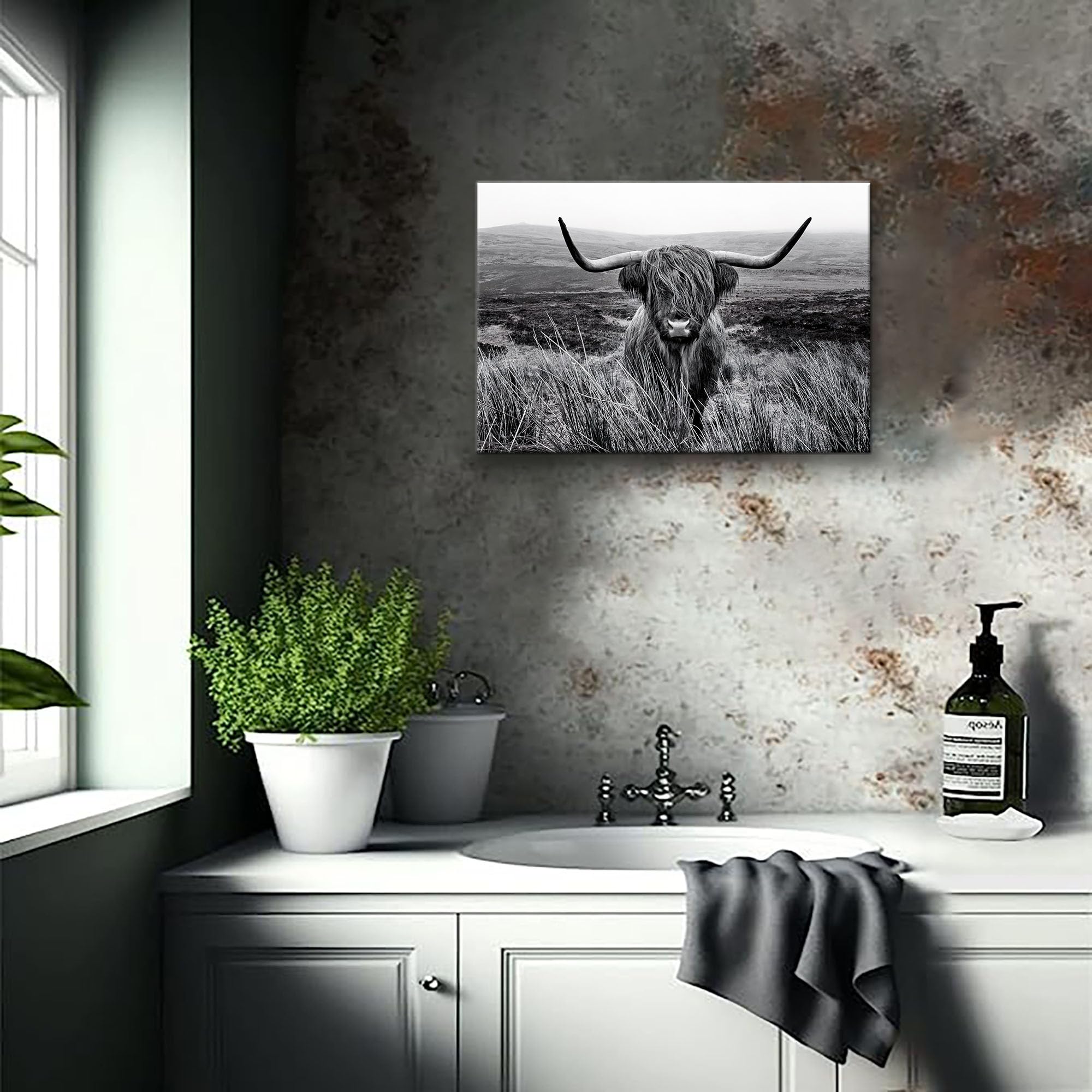 Highland Cow Wall Art Canvas Black And White Artwork Canvas Picture Highland Cow Prints Paintings Wall Decor Framed For Living R