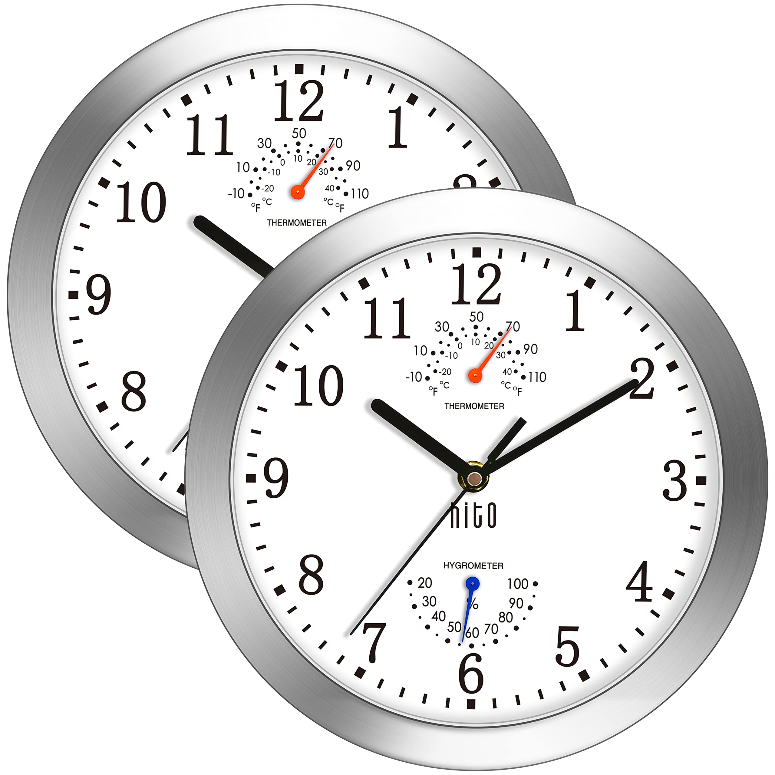 Hito Silent Non Ticking Wall Clock 10 Inch Sweep Movement Glass Cover Silver Aluminum Frame Decorative For Kitchen, Living Room,