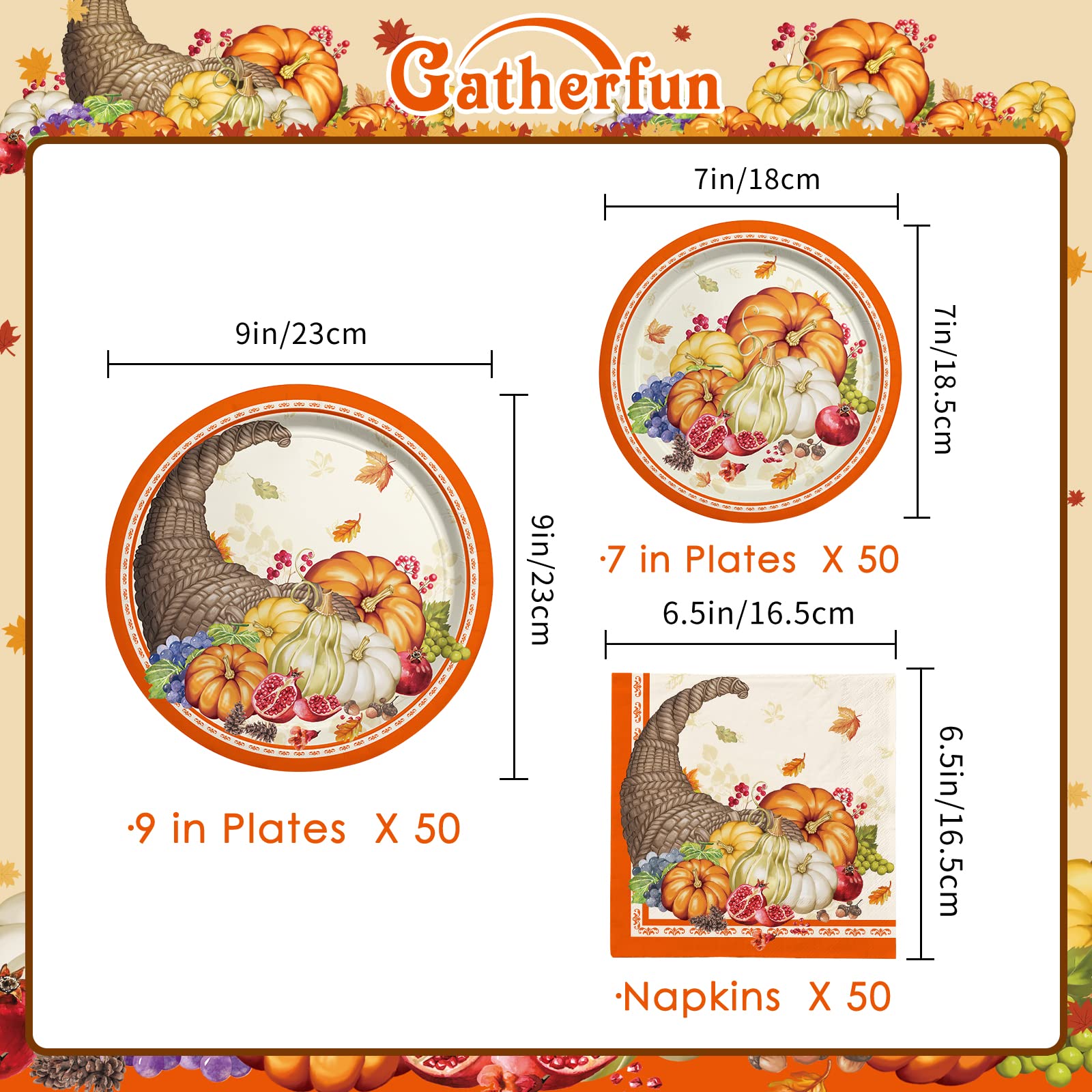 Fall Pumpkin Harvest Party Supply Kit Includes Cornucopia Disposable Paper Dinner Plates, Dessert Plates And Napkins For Thanksg