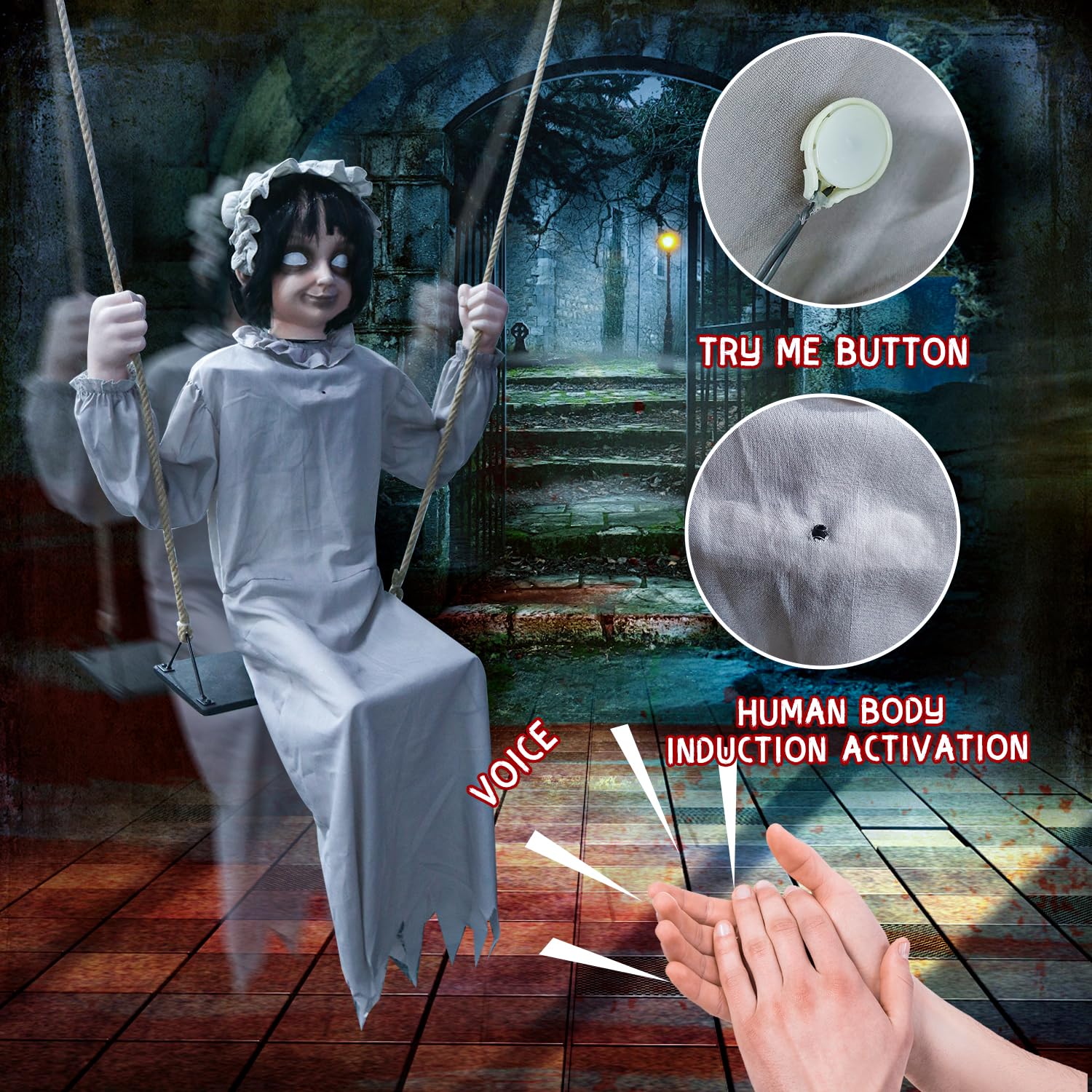 LarpGears Lifesize Swing Girl Halloween Animatronics Decorations - Creepy Twin-Face Motion/Sound Activated Hanging Prop Decor wi