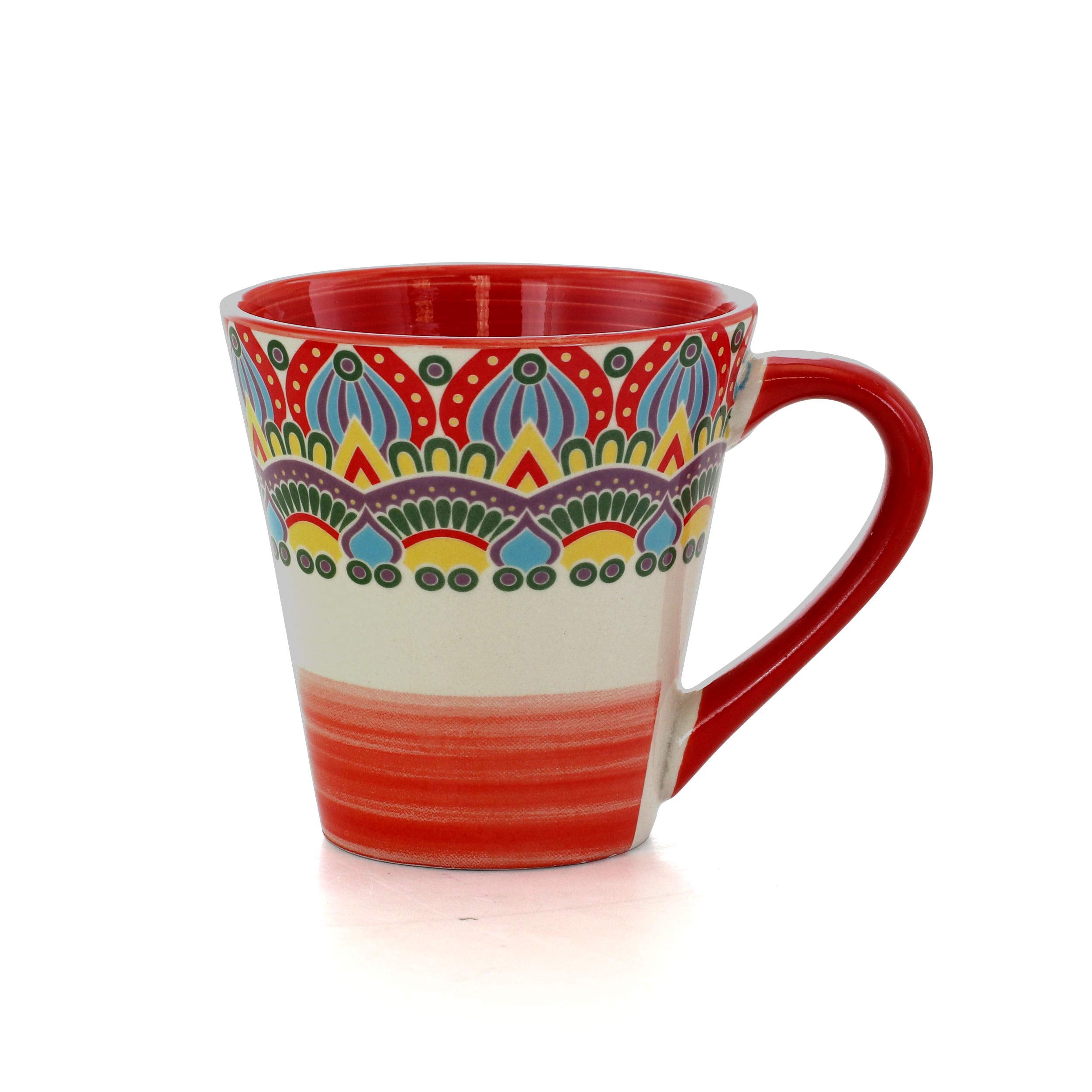 Elama Multicolored Round Stoneware Mandala Pattern Dinnerware Set, 16 Piece, Red