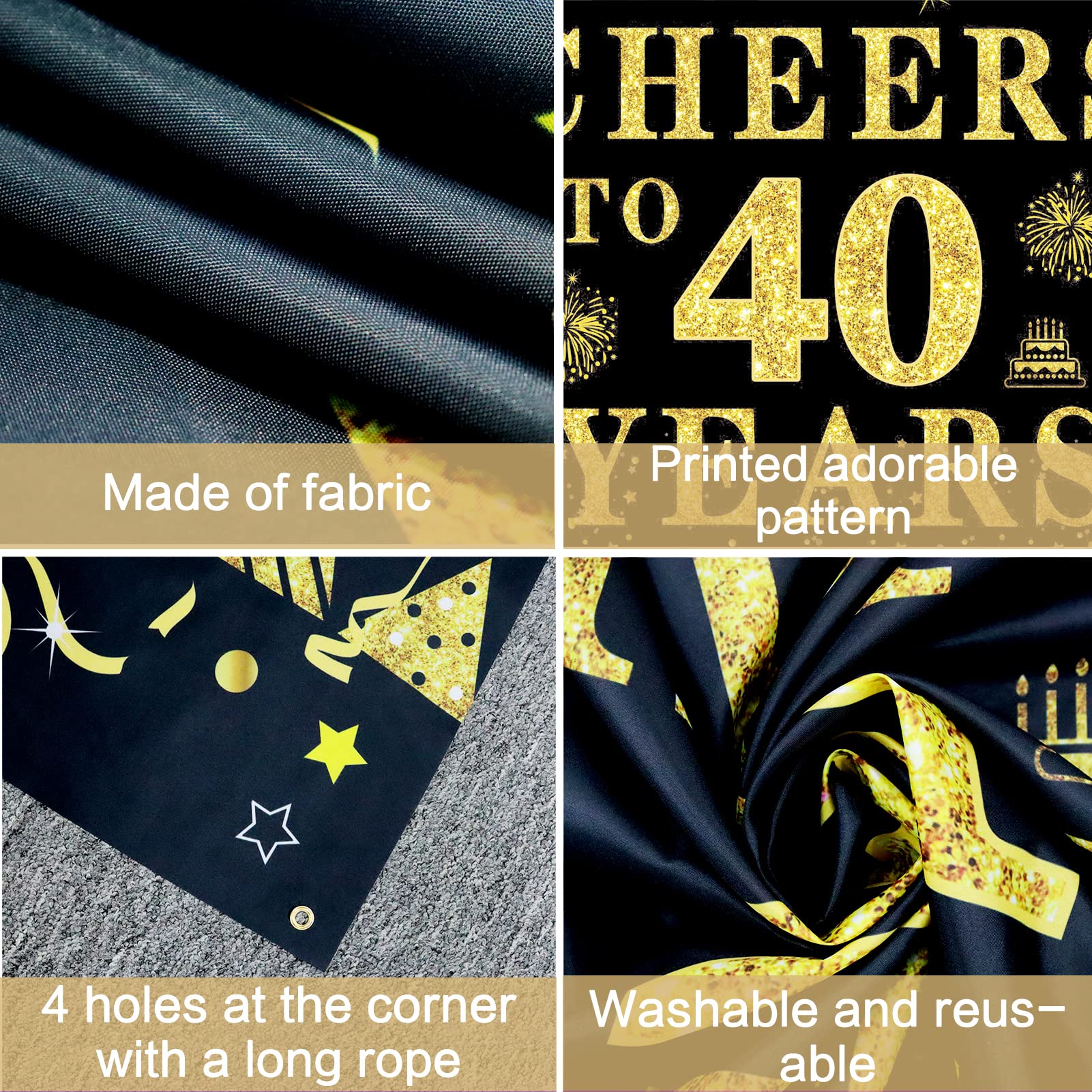 Trgowaul 40Th Birthday Decorations For Women Men, Cheers To 40 Years Banner, Black And Gold 40Th Birthday Backdrop, 40Th Wedding