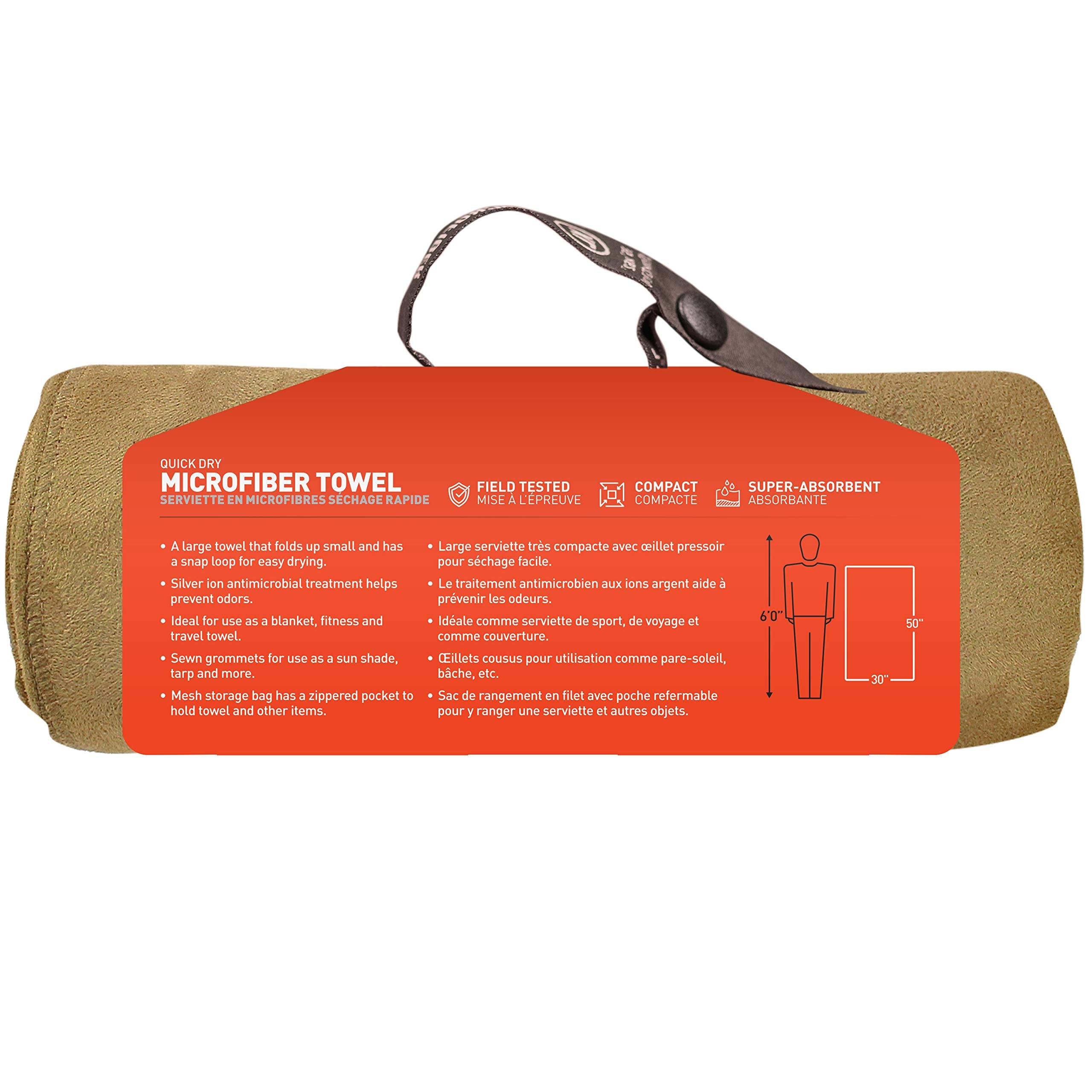 Gear Aid Quick Dry Microfiber Towel For Travel, Camping And Sports, Coyote, L, 30    X 50