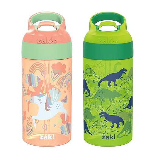 Zak Designs 16oz Riverside Kids Water Bottle with Spout Cover and Built-in Carrying Loop  Made of Durable Plastic  Leak-Proof Water Bottle Design for Travel (Unicorn & Dino Camo  Pack of 2)