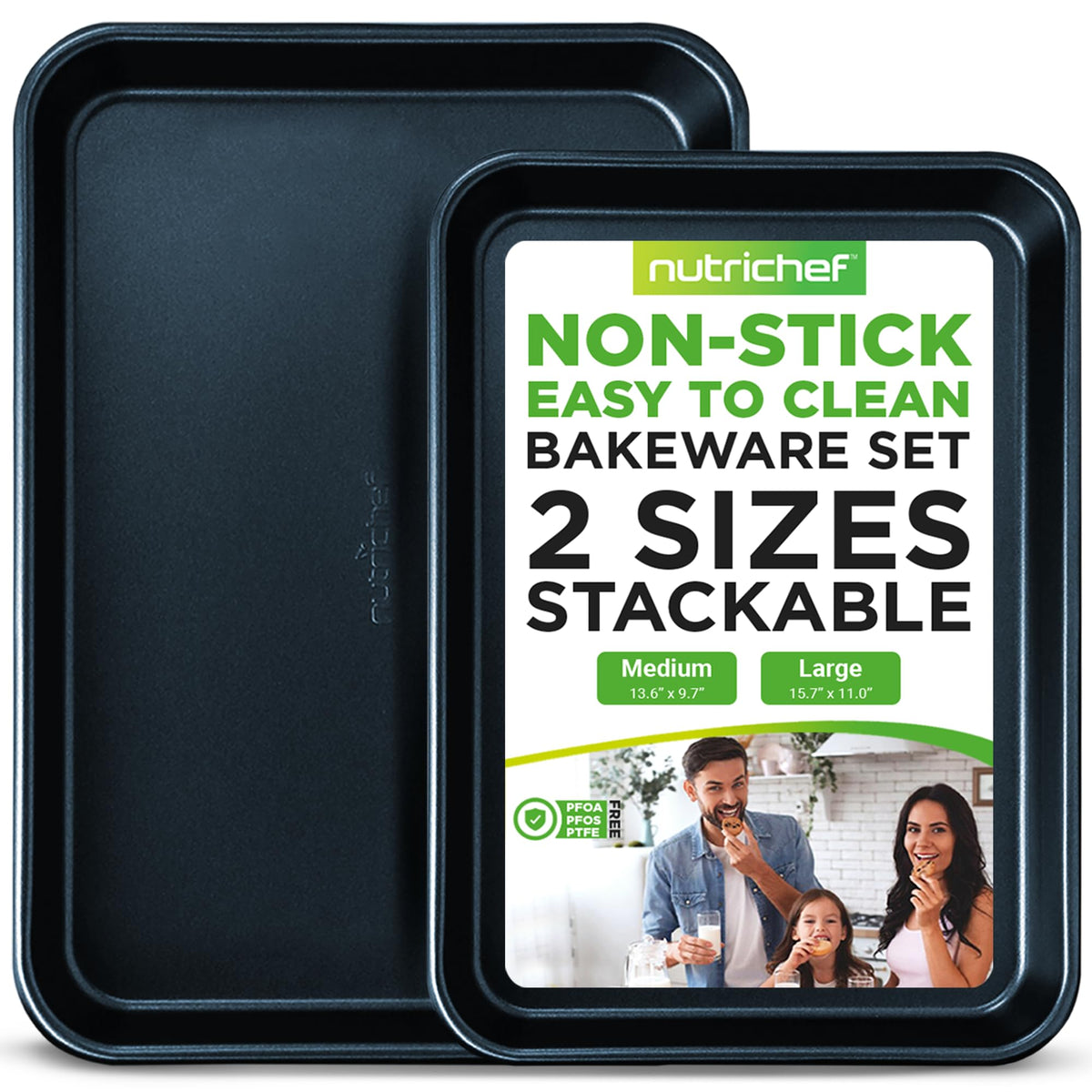 Nutrichef 2-Piece Non-Stick Baking Sheet Pan Set - Premium Carbon Steel Cookie Sheets For Baking - Large And Medium Size Nonstic