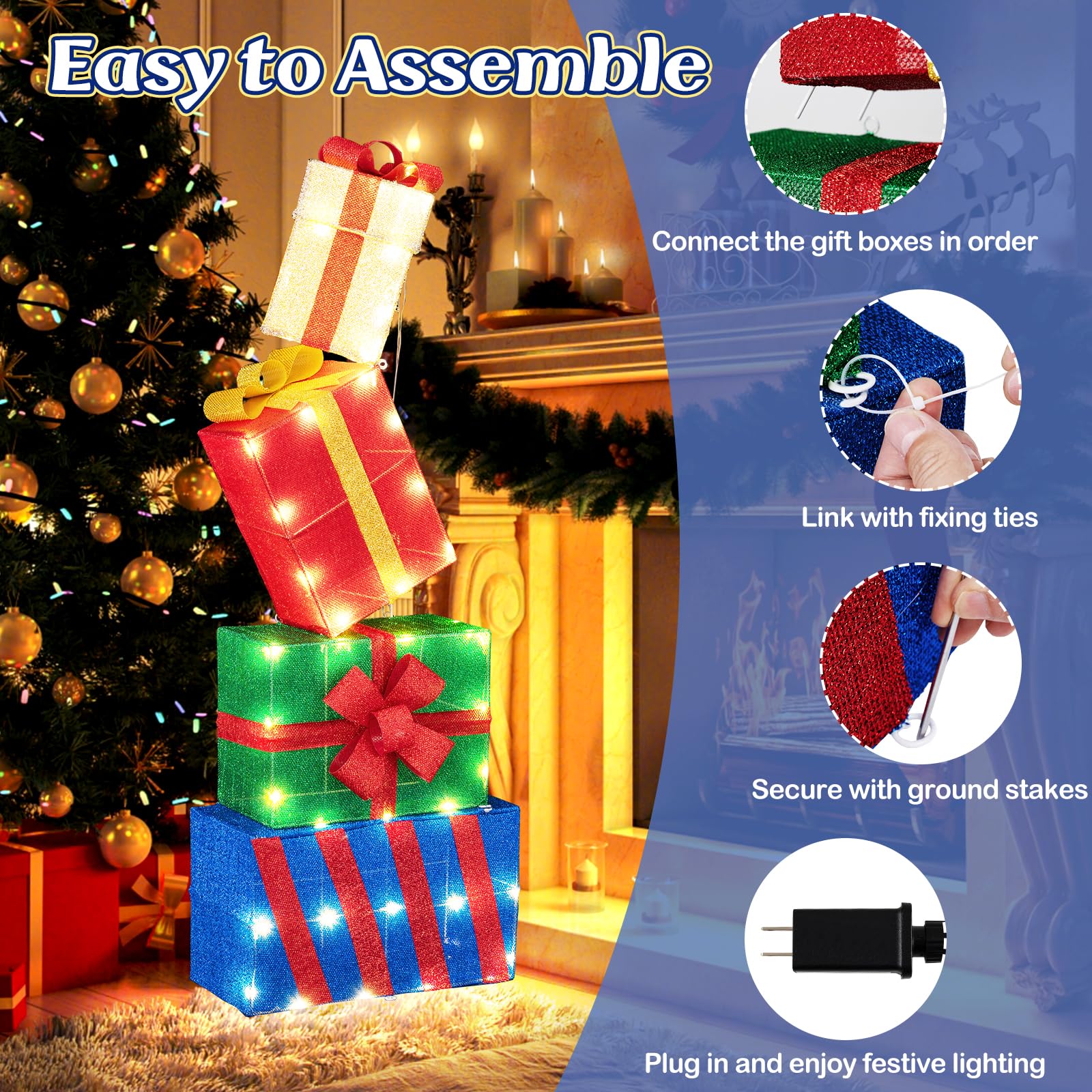 Tangkula 4 Ft Stackable Gift Boxes, Set of 4 Stacked Boxes with Warm White LED Lights, Festive Bows, 2 Display Methods, Pre-lit
