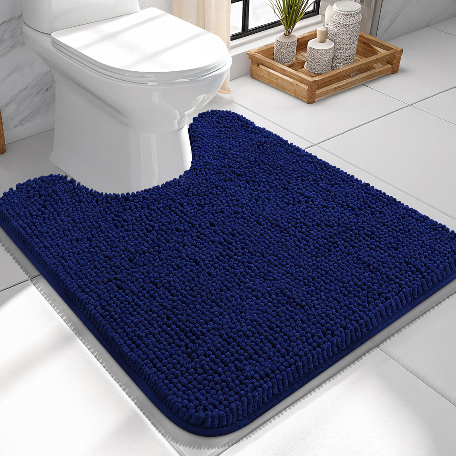 OLANLY Chenille Toilet Rugs U-Shaped 24x24, Navy, Extra Soft, Absorbent, Non-Slip, Machine Washable Bathroom Mat