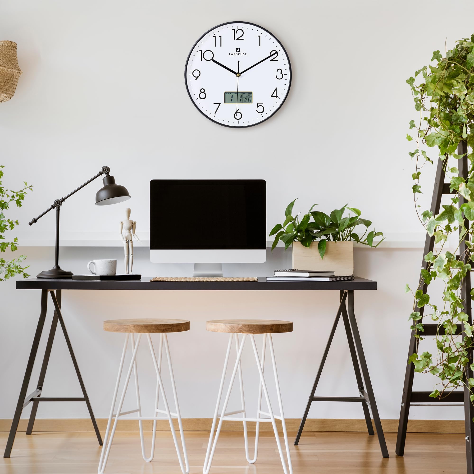 Lafocuse Black Wall clock with Date Month Day of Week and Temperature  Silent Non-Ticking Battery Operated clock for Living Room Bedroom Office Decor