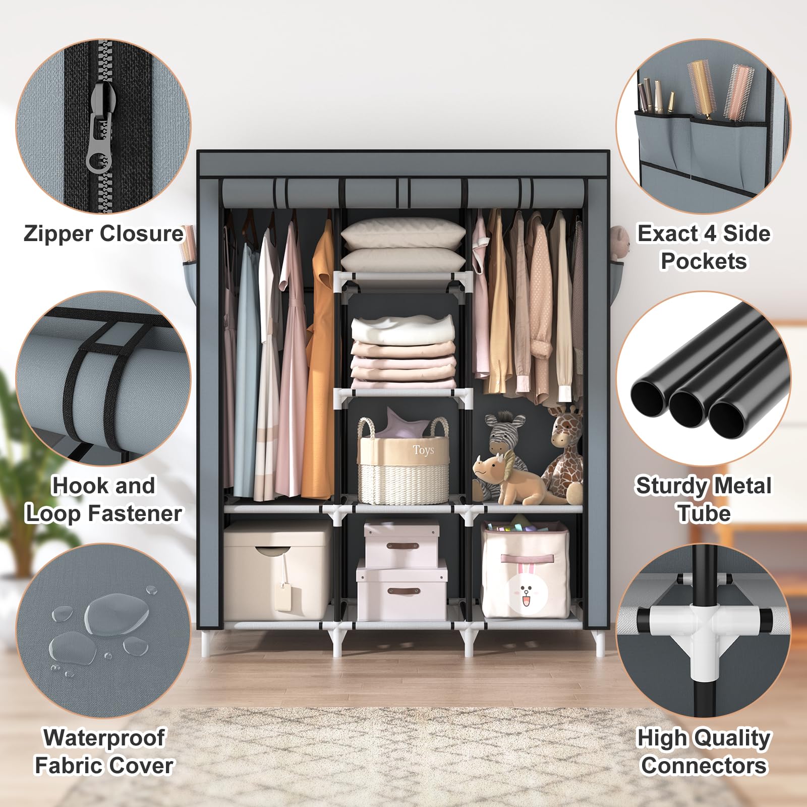 Vtrin Portable Closet Wardrobe For Hanging Clothes With 2 Hanging Rods And 8 Storage Organizer Shelves,Sturdy Large Wardrobe Clo