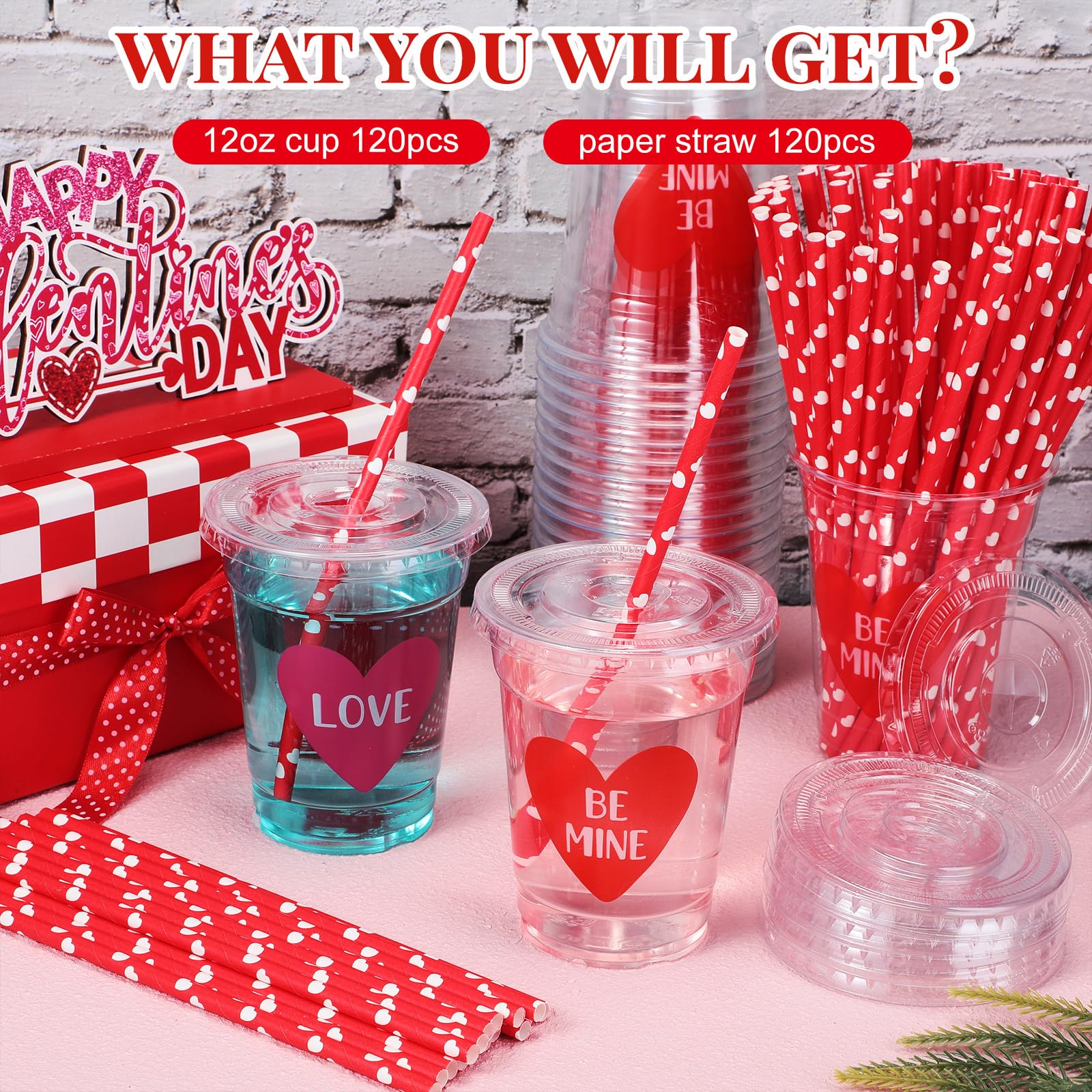Patelai 120 Set 12 Oz Valentine'S Day Disposable Cups With Lids And Paper Straws Valentine'S Day Plastic Clear Pink Red Heart Be