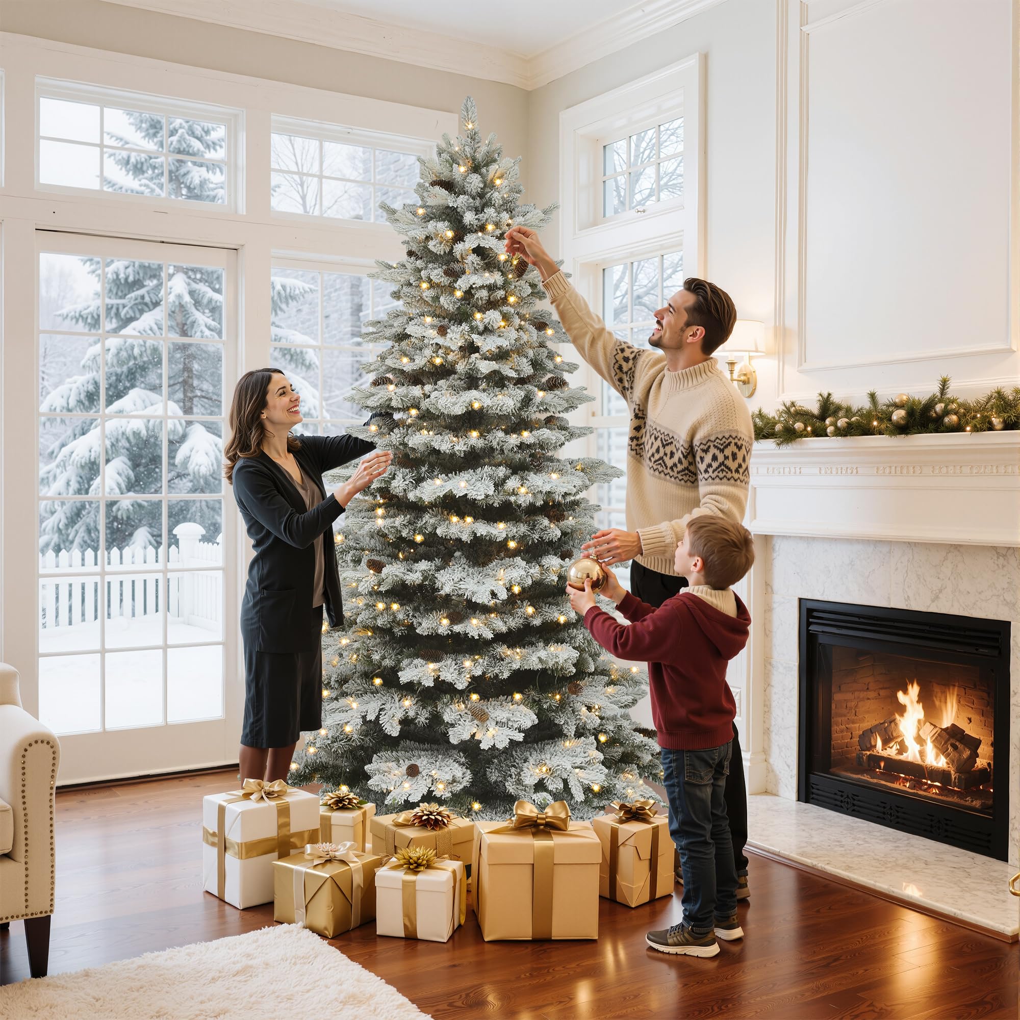 GOOBED 7.5FT Pre-Lit Flocked Spruce Christmas Tree with 550 Lights & 1278 Tips, Pre-Decorated Mountain Pine Layered Spruce Chris