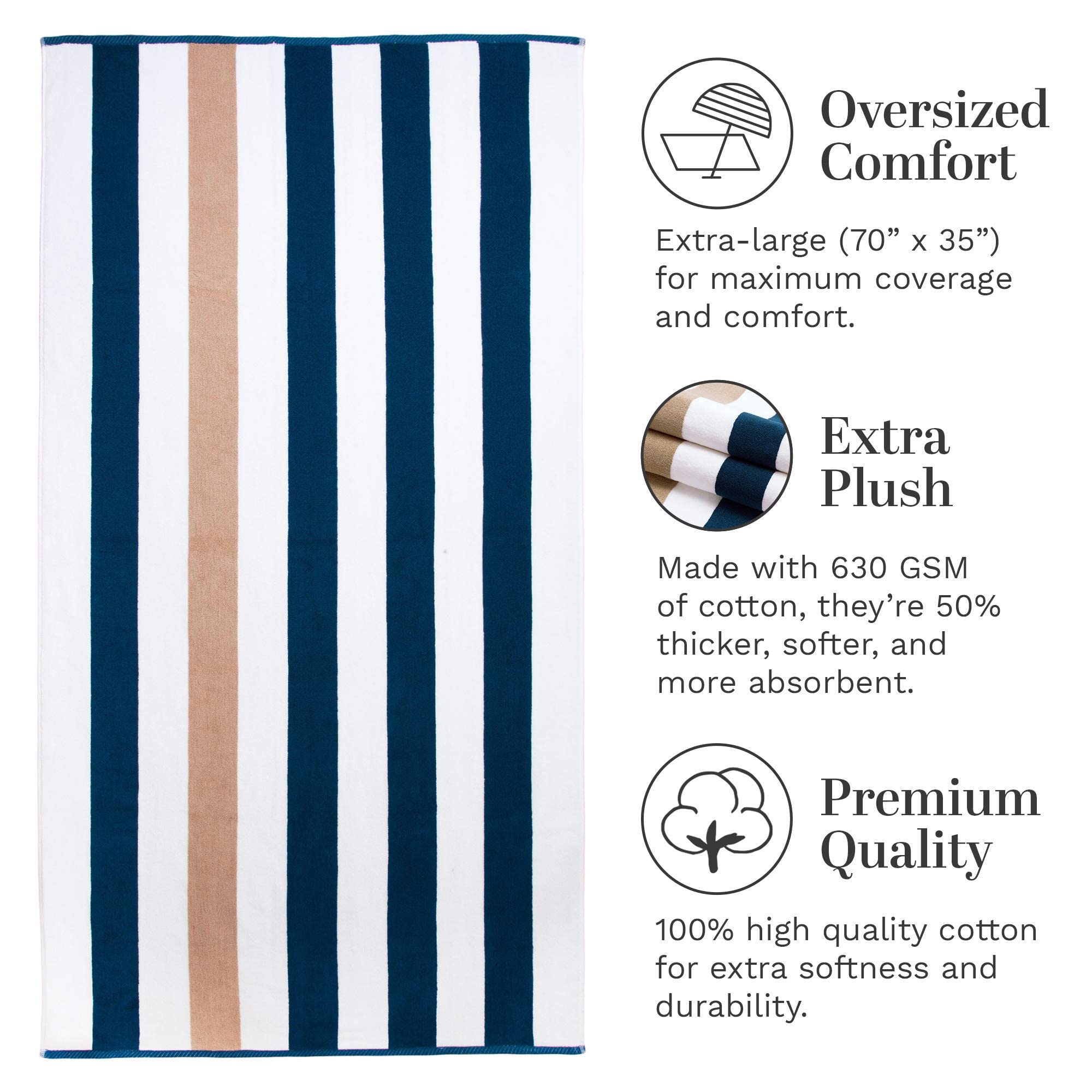 Laguna Beach Textile Co. Striped Cabana Beach Towel - Oversized, Plush 630 Gsm Cotton - Ocean Blue And Almond Beige