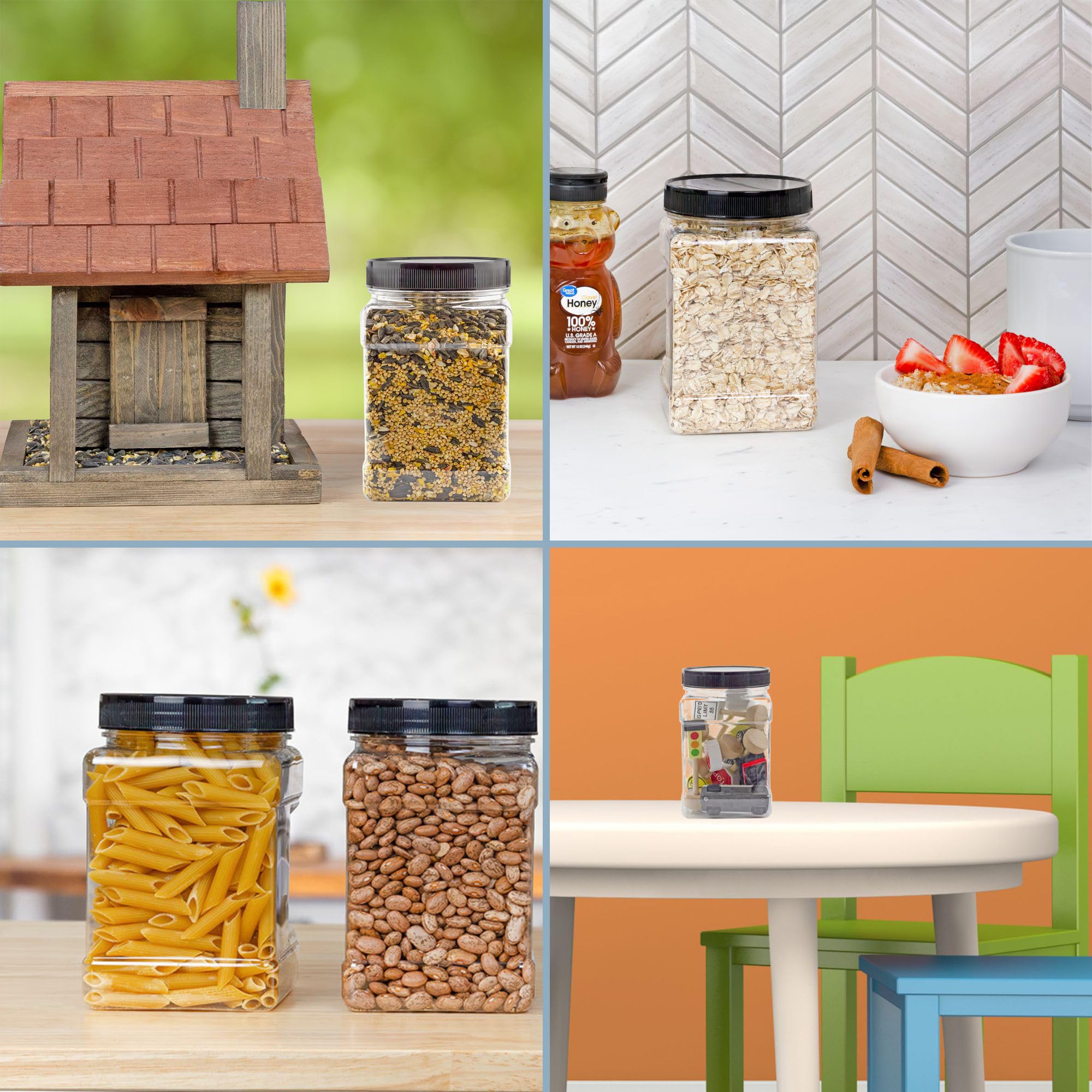 32oz Square Plastic Jars (4-Pack  Quart); Clear Rectangular 4-Cup Canisters w/Black Lids  Easy-Grip Side