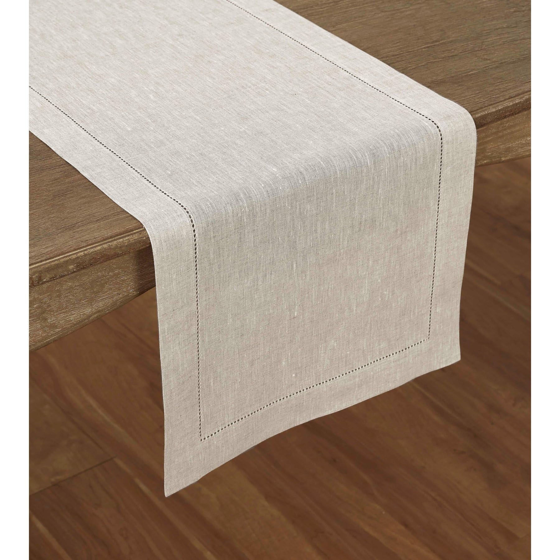 Solino Home Linen Light Natural Table Runner 120 Inches Long - 100% Pure Linen Classic Hemstitch Dining Table Runner 16 X 120 In