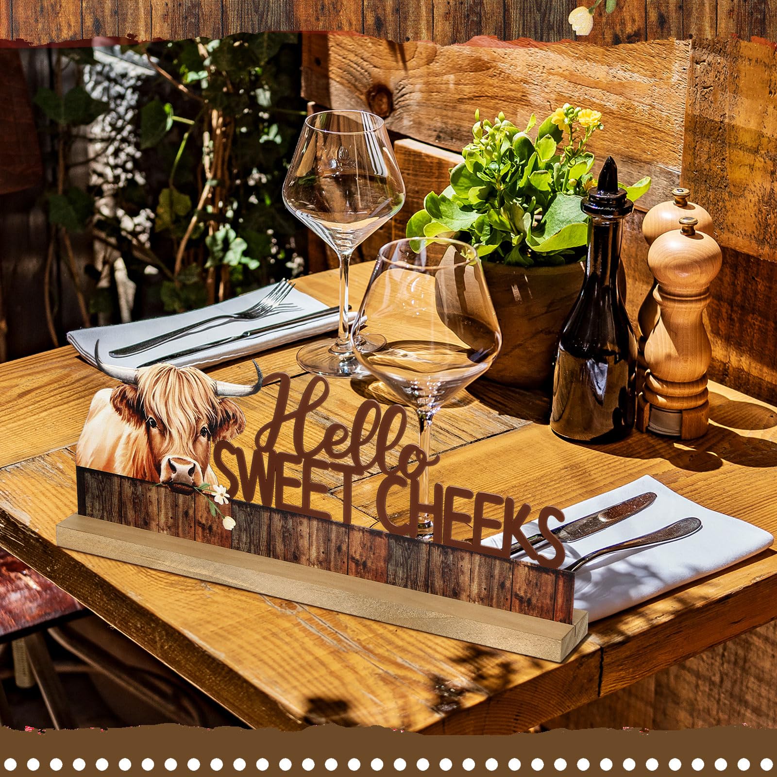 MiniInflat Highland Cow Metal Sign Rustic Table Decor Hello Sweet Cheeks Tiered Tray Decor with Wooden Base Freestanding Metal W